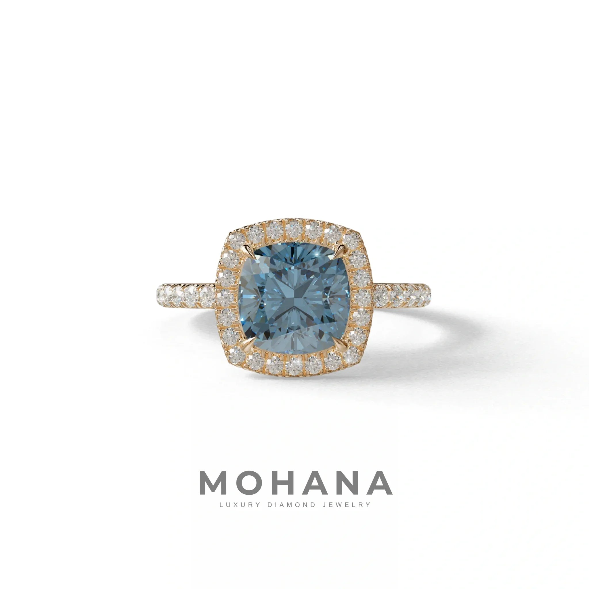 Blue Cushion Cut Halo & Pave Lab Grown Diamond Engagement Ring - Rosa - 2 Carat / 10K Solid Gold / Rose Gold