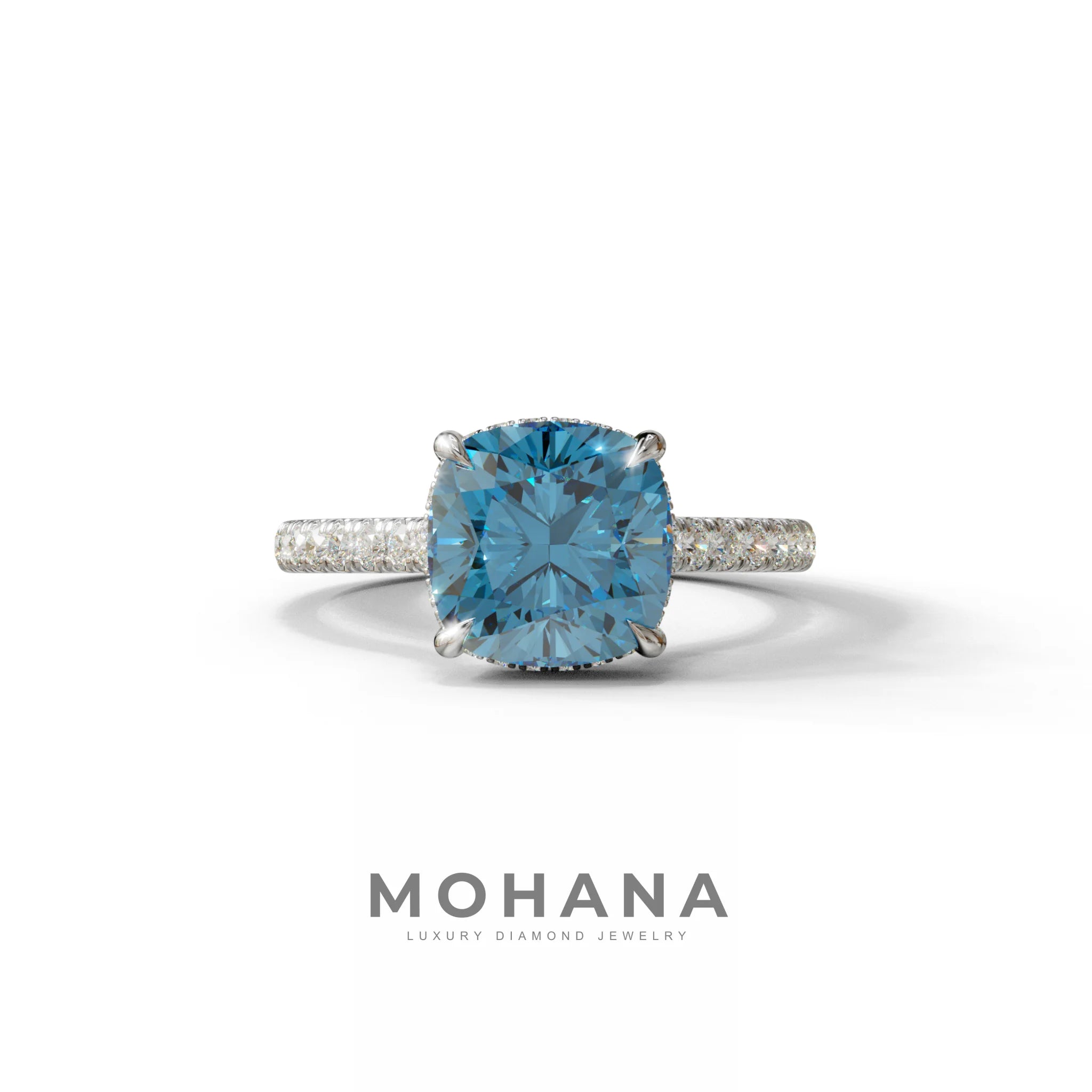 2.5 Carat Blue Cushion Cut Hidden Halo & Pave Lab Diamond Ring - Éblouissant - 10K Solid Gold / White Gold