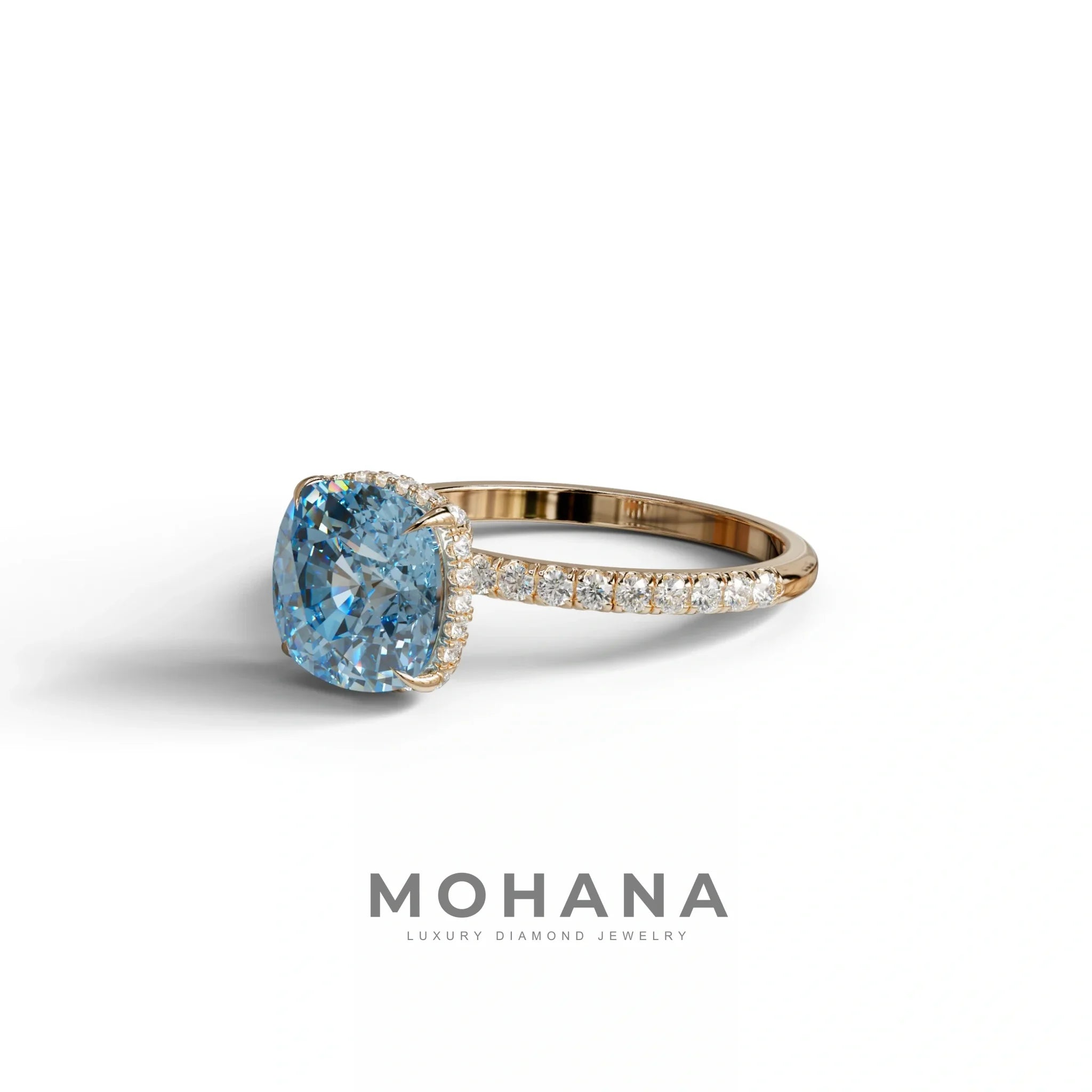 2.5 Carat Blue Cushion Cut Hidden Halo & Pave Lab Grown Diamond Ring