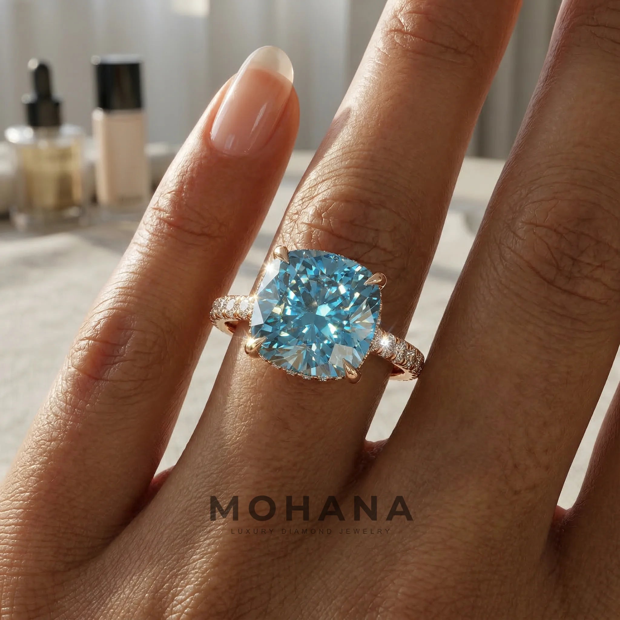 2.5 Carat Blue Cushion Cut Lab Grown Diamond Hidden Halo Pave Engagement Ring