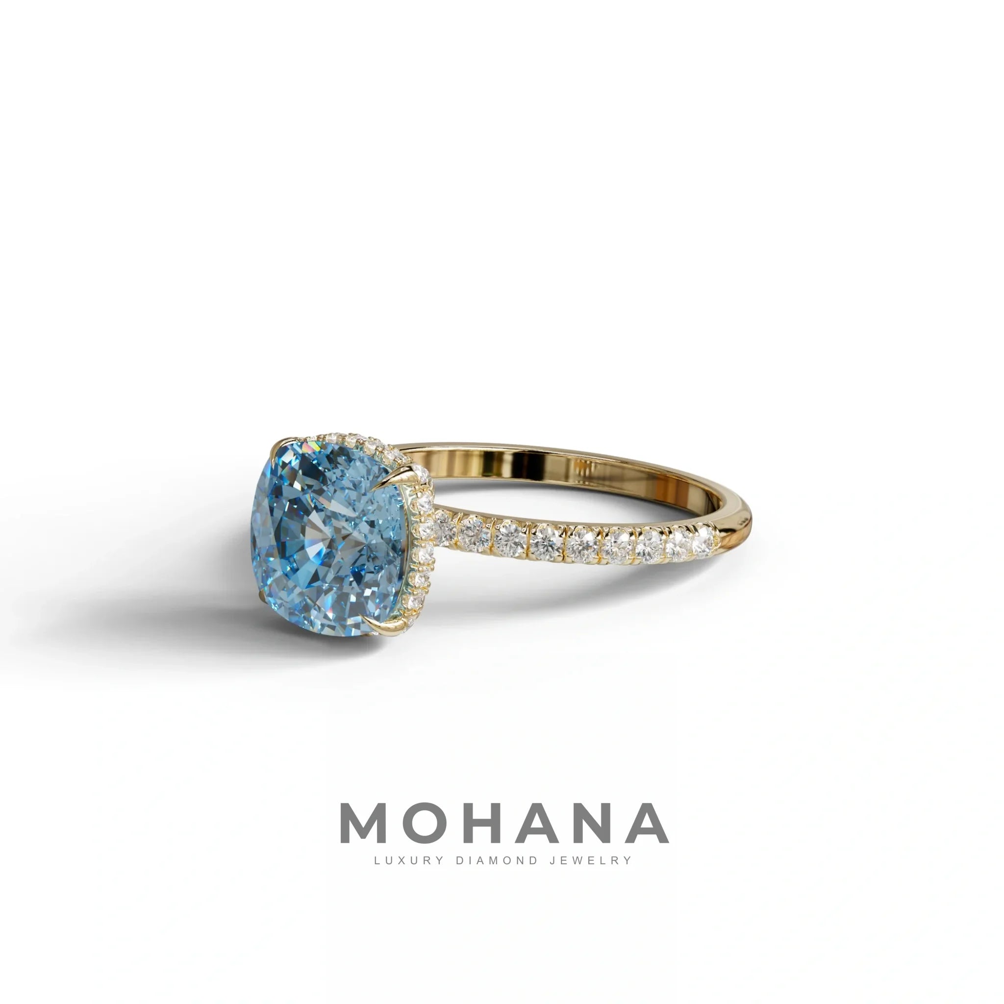 2.5 Carat Blue Cushion Cut Hidden Halo & Pave Lab Grown Diamond Ring