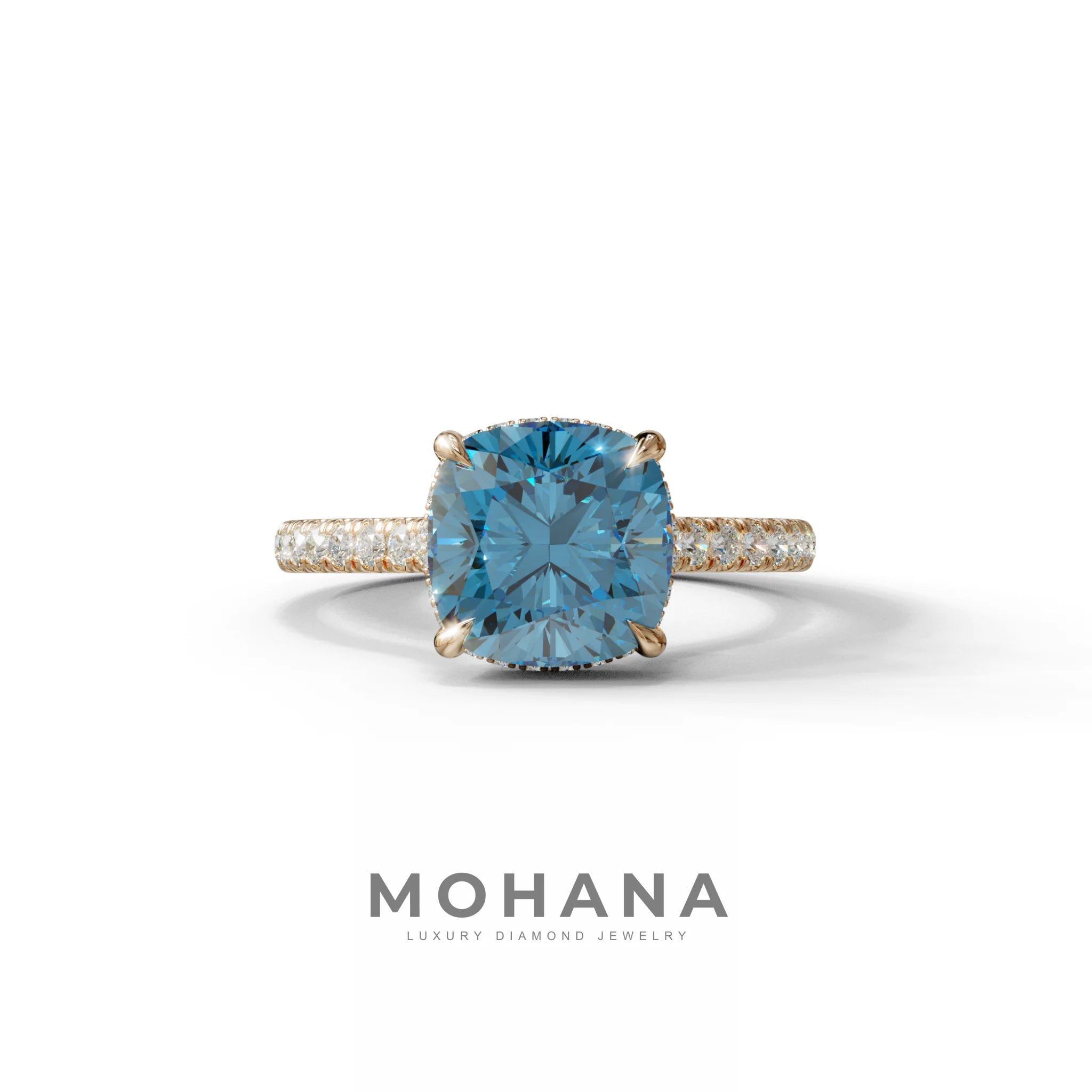 2.5 Carat Blue Cushion Cut Hidden Halo & Pave Lab Diamond Ring - Éblouissant - 10K Solid Gold / Rose Gold