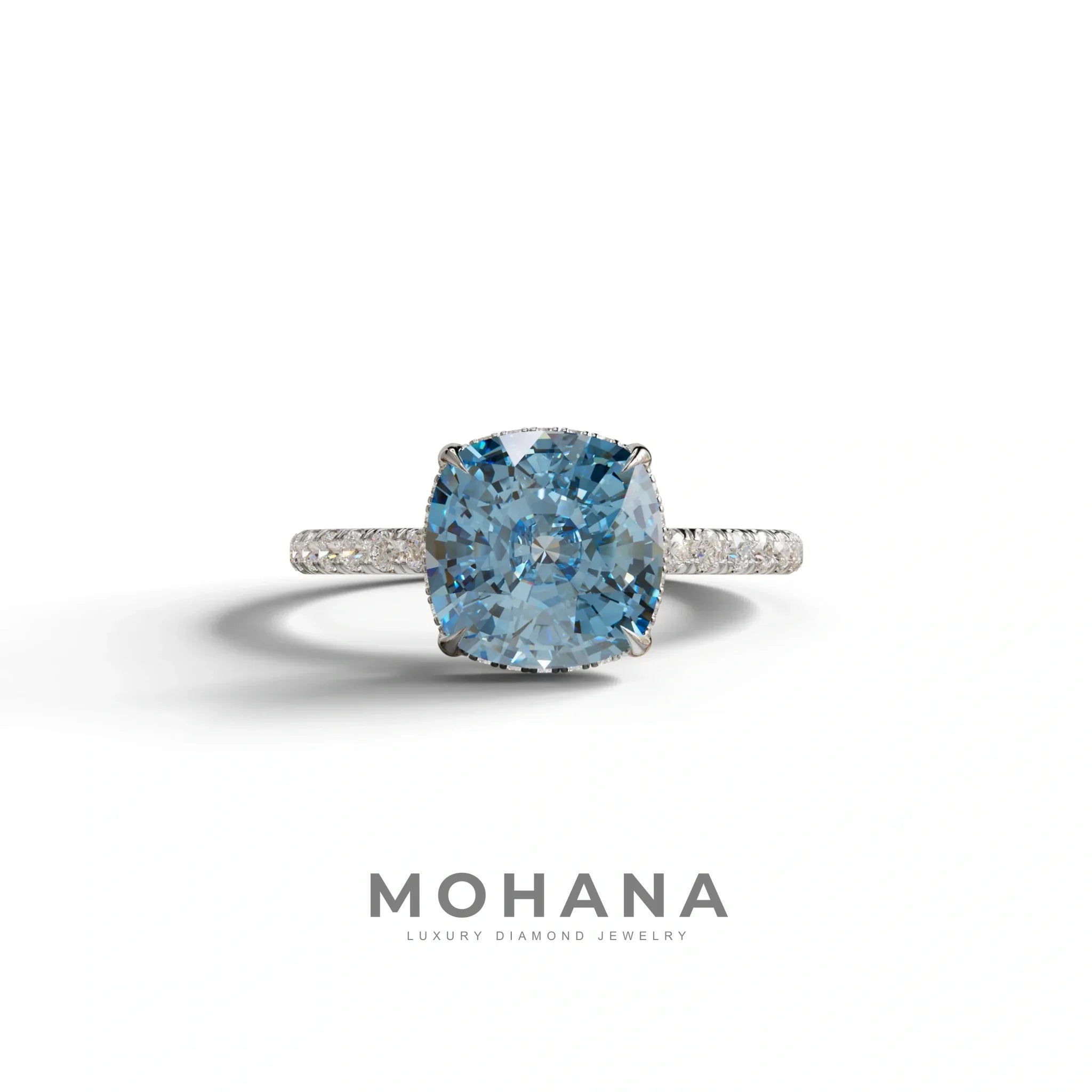 2.5 Carat Blue Cushion Cut Hidden Halo & Pave Lab Grown Diamond Ring - 10K Solid Gold / White Gold