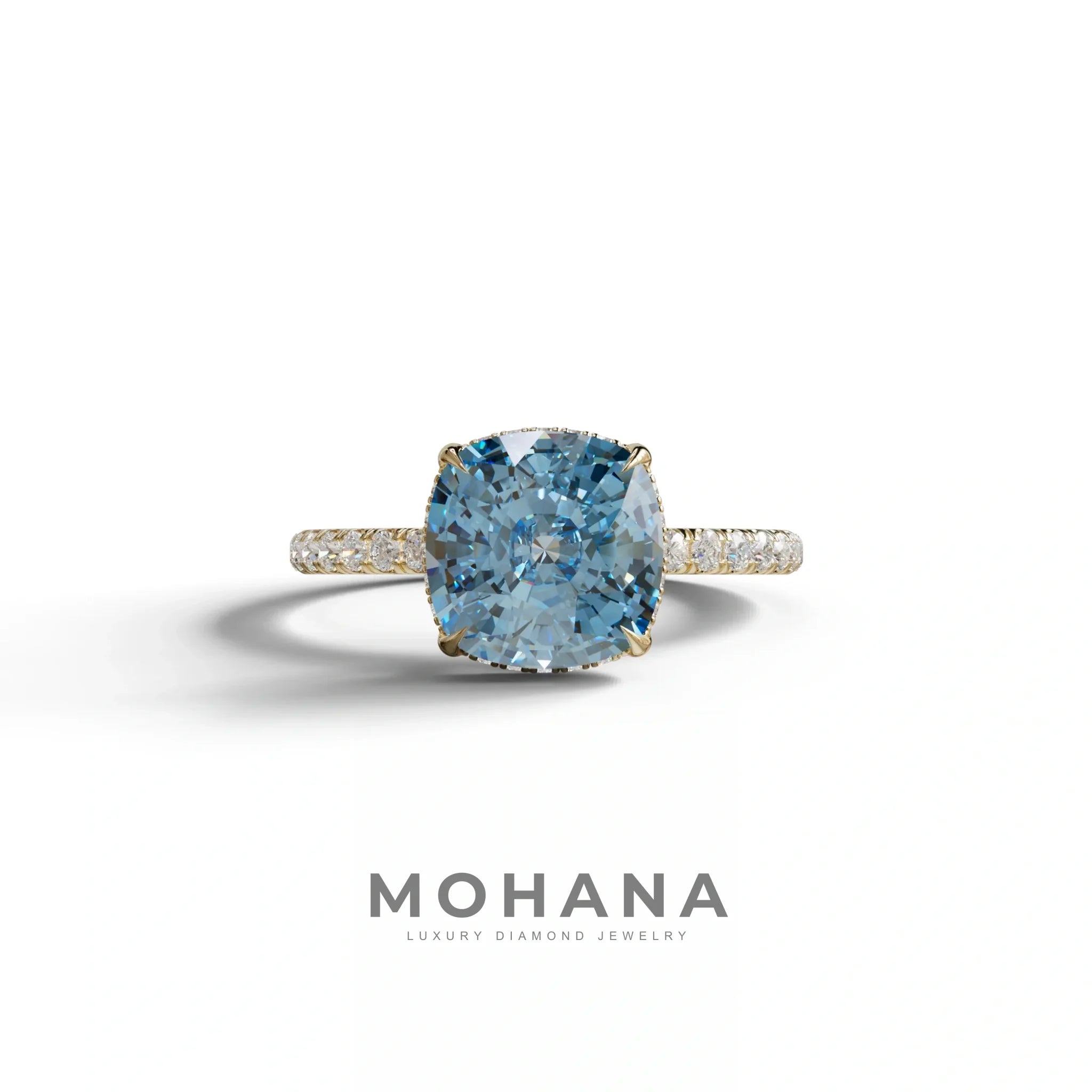 2.5 Carat Blue Cushion Cut Hidden Halo & Pave Lab Grown Diamond Ring - 10K Solid Gold / Yellow Gold