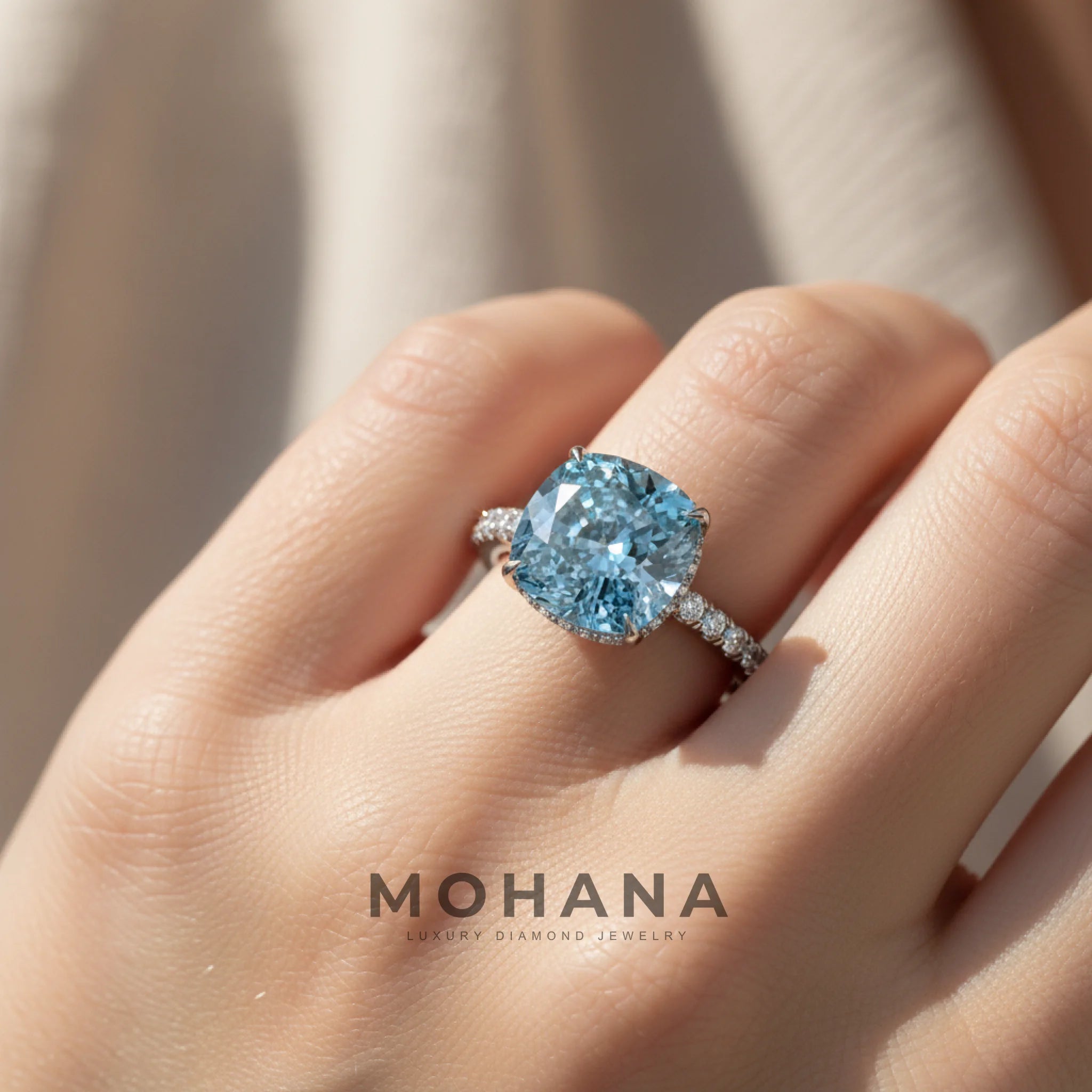 2.5 Carat Fancy Blue Cushion Cut Hidden Halo & Pave Lab Grown Diamond Ring