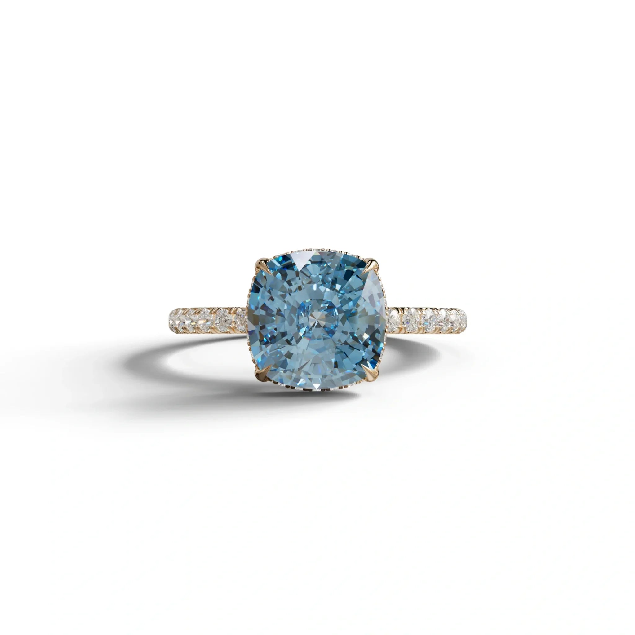 2.5 Carat Blue Cushion Cut Hidden Halo & Pave Lab Grown Diamond Ring - 10K Solid Gold / Rose Gold