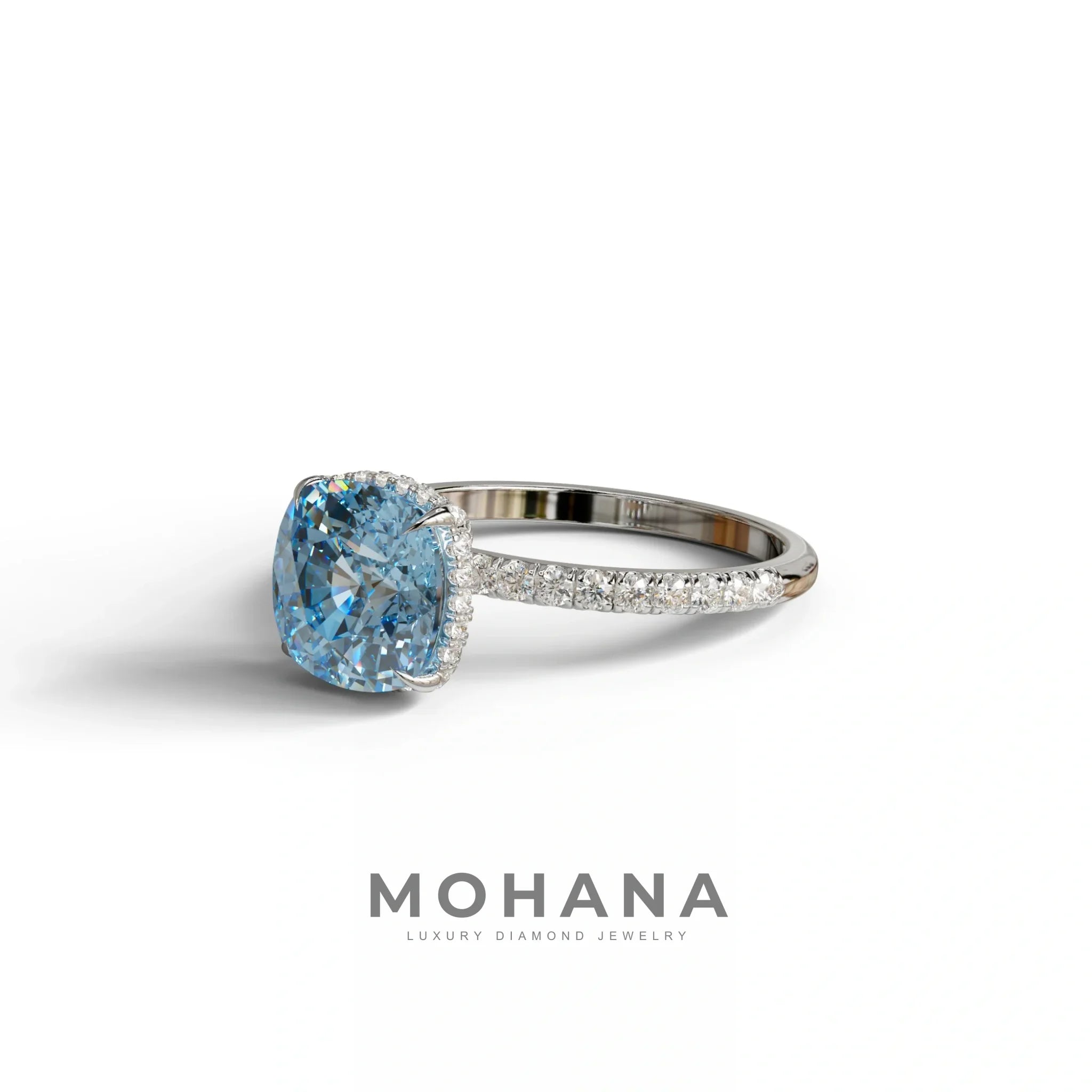 2.5 Carat Blue Cushion Cut Hidden Halo & Pave Lab Grown Diamond Ring