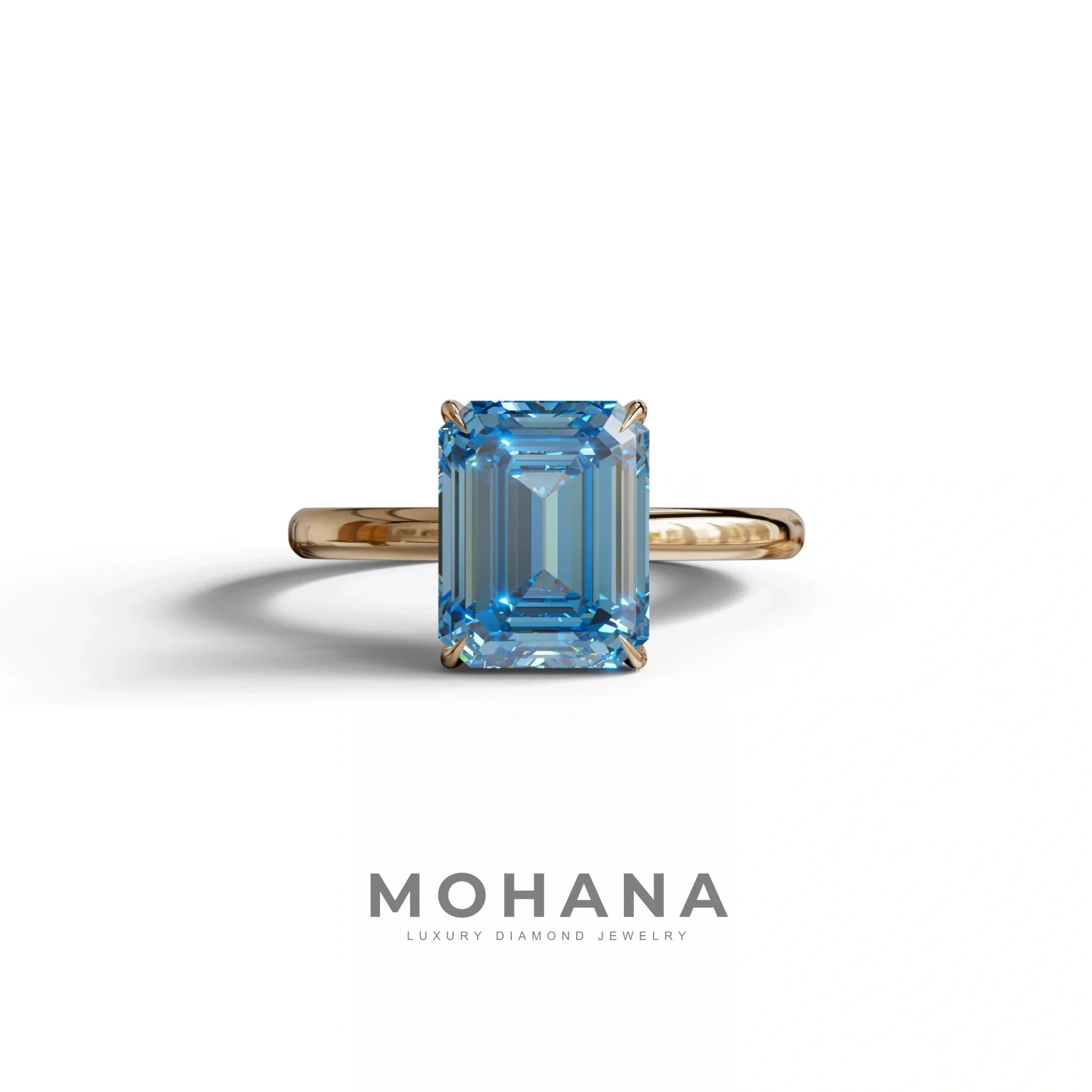 Fancy Blue Emerald Cut Solitaire Lab Grown Diamond Engagement Ring - Vanessa - 2 Carat / 10K Solid Gold / Rose Gold