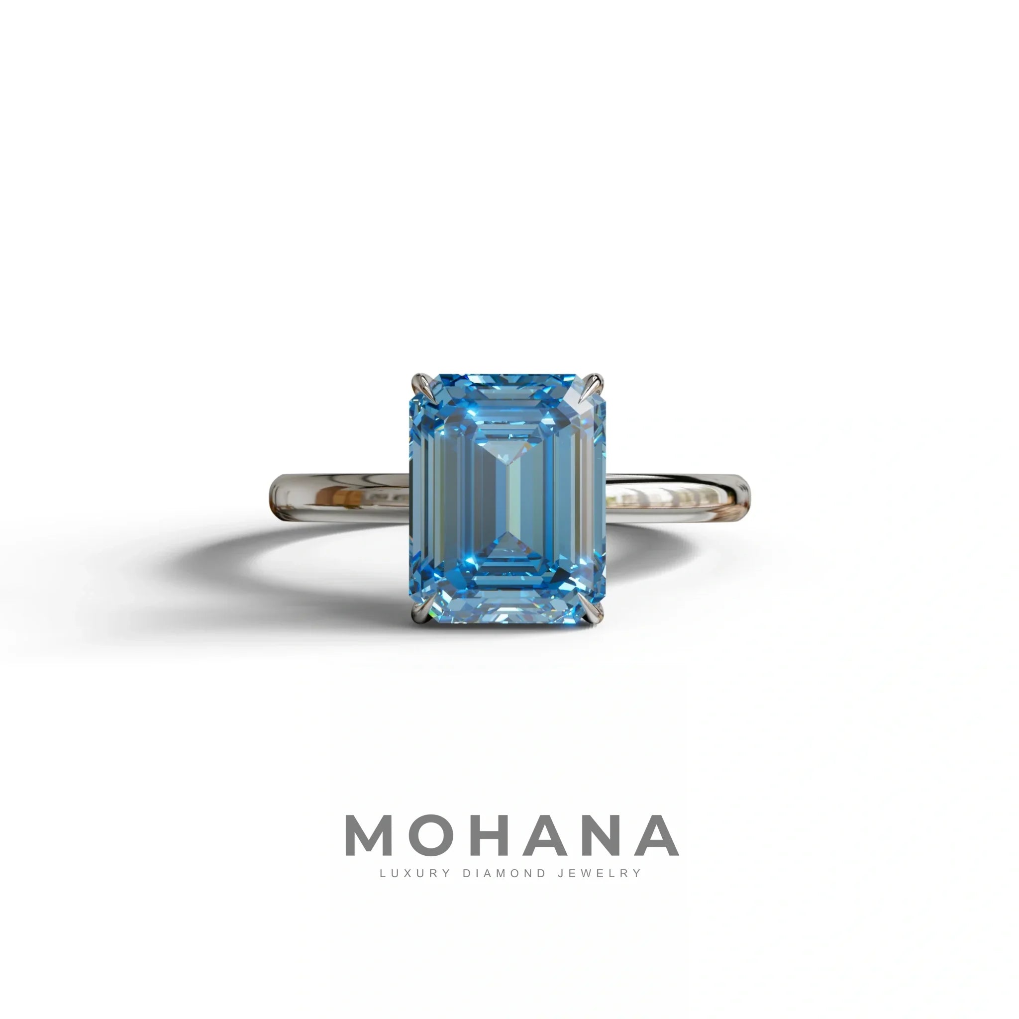 Fancy Blue Emerald Cut Solitaire Lab Grown Diamond Engagement Ring - Vanessa - 2 Carat / 10K Solid Gold / White Gold