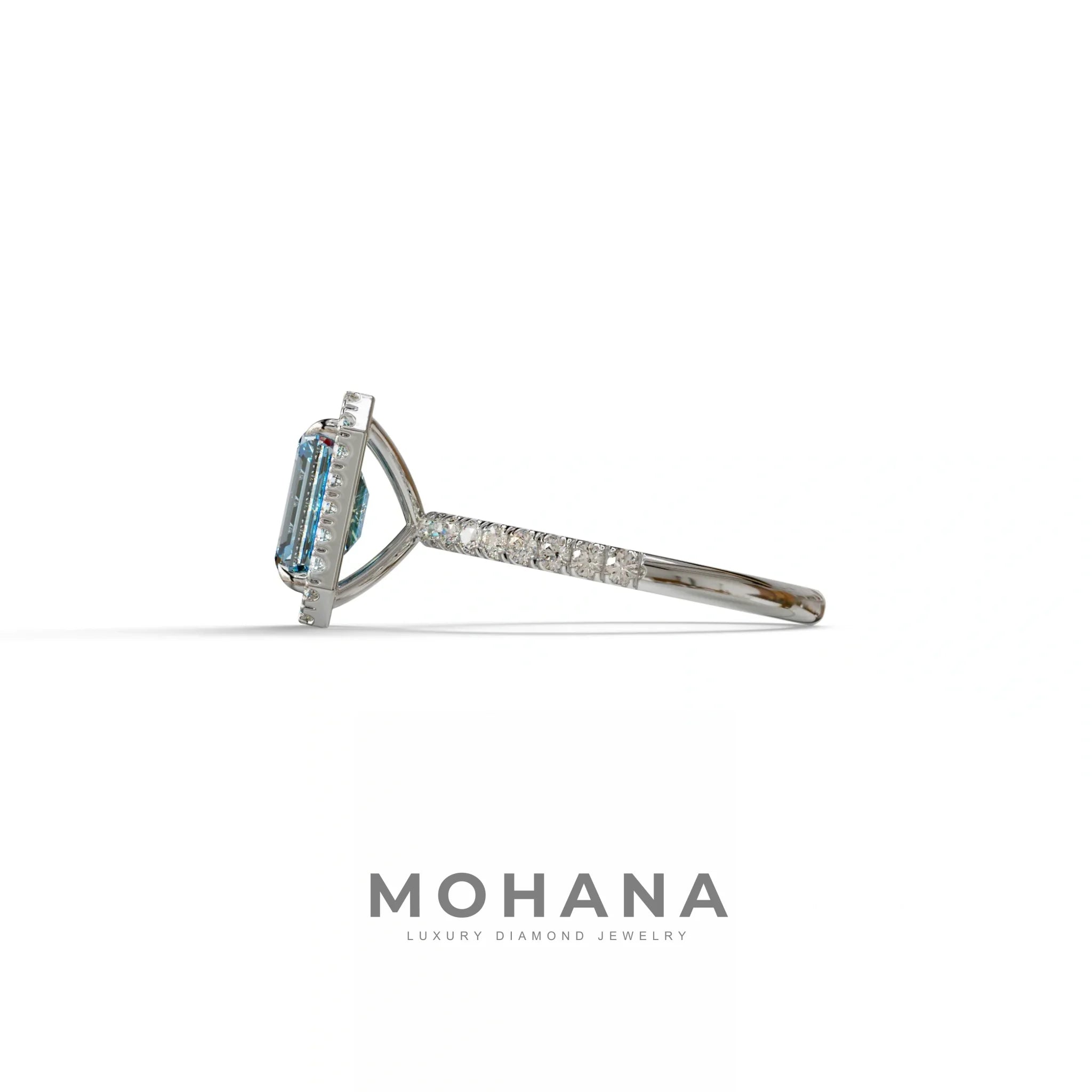 Blue Emerald Cut Halo & Pave Lab Grown Diamond Engagement Ring - Viola