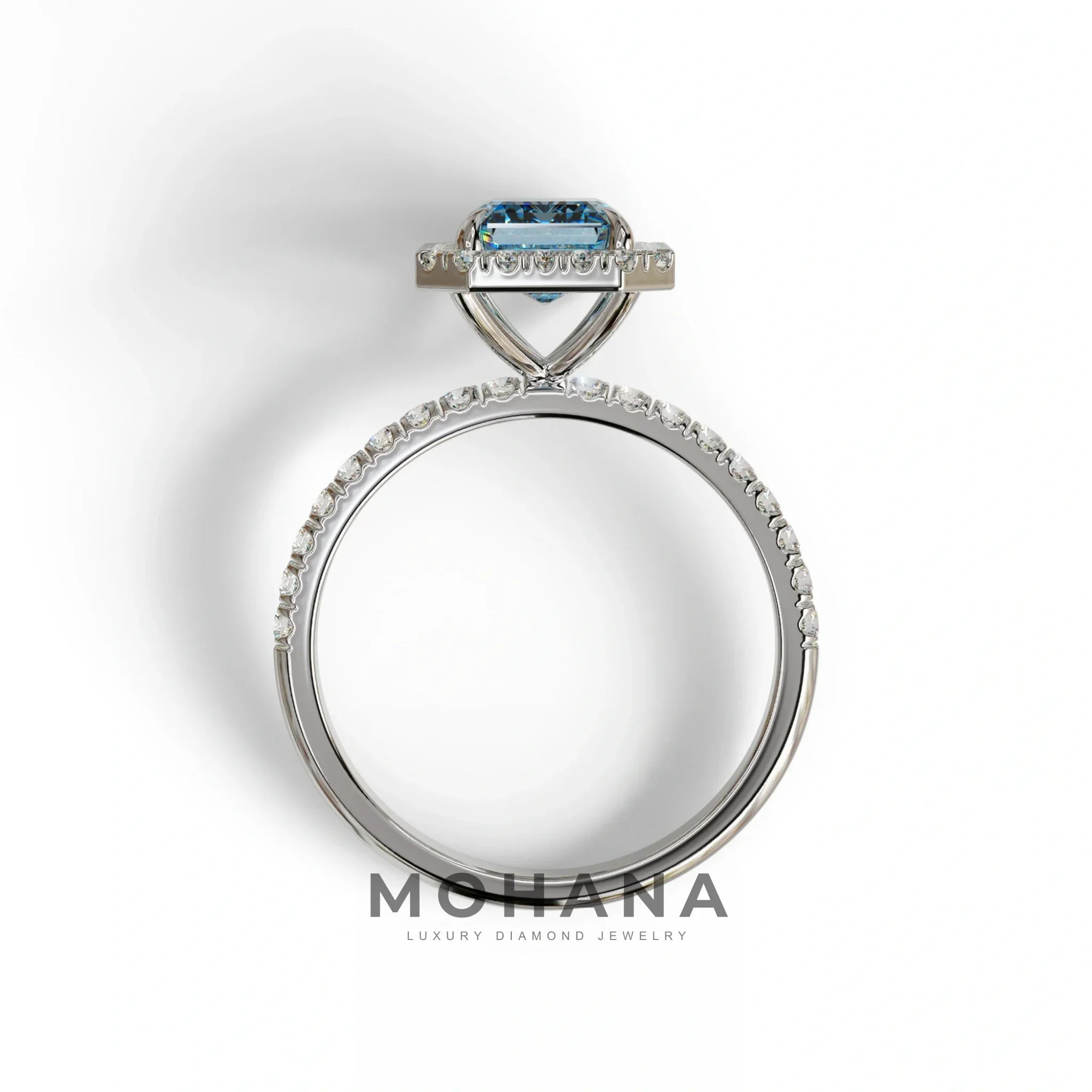 Blue Emerald Cut Halo & Pave Lab Grown Diamond Engagement Ring - Viola