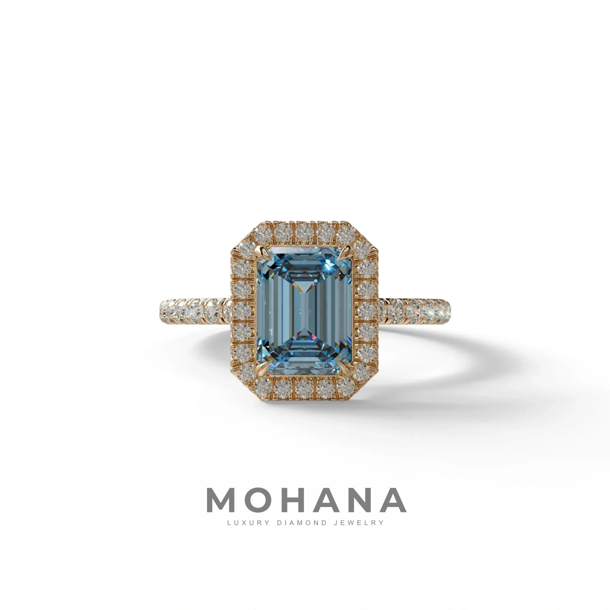 Blue Emerald Cut Halo & Pave Lab Grown Diamond Engagement Ring - Viola - 2 Carat / 10K Solid Gold / Rose Gold
