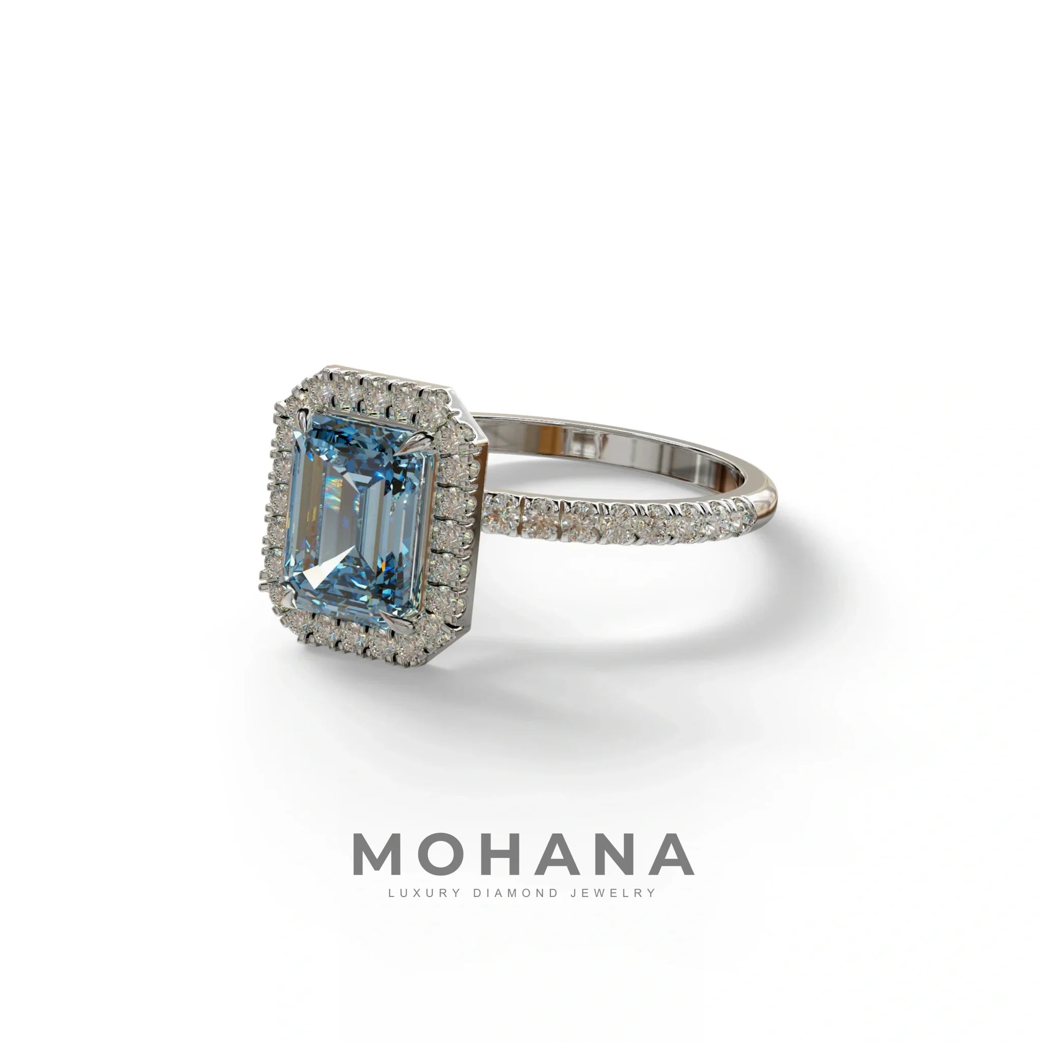 Blue Emerald Cut Halo & Pave Lab Grown Diamond Engagement Ring - Viola