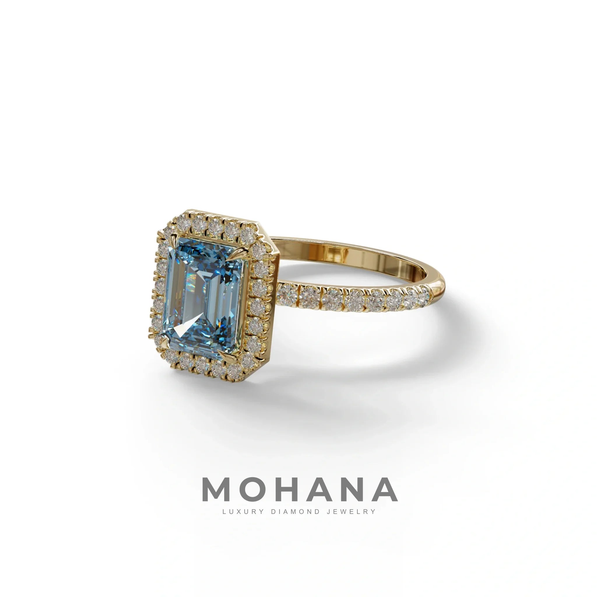 Blue Emerald Cut Halo & Pave Lab Grown Diamond Engagement Ring - Viola