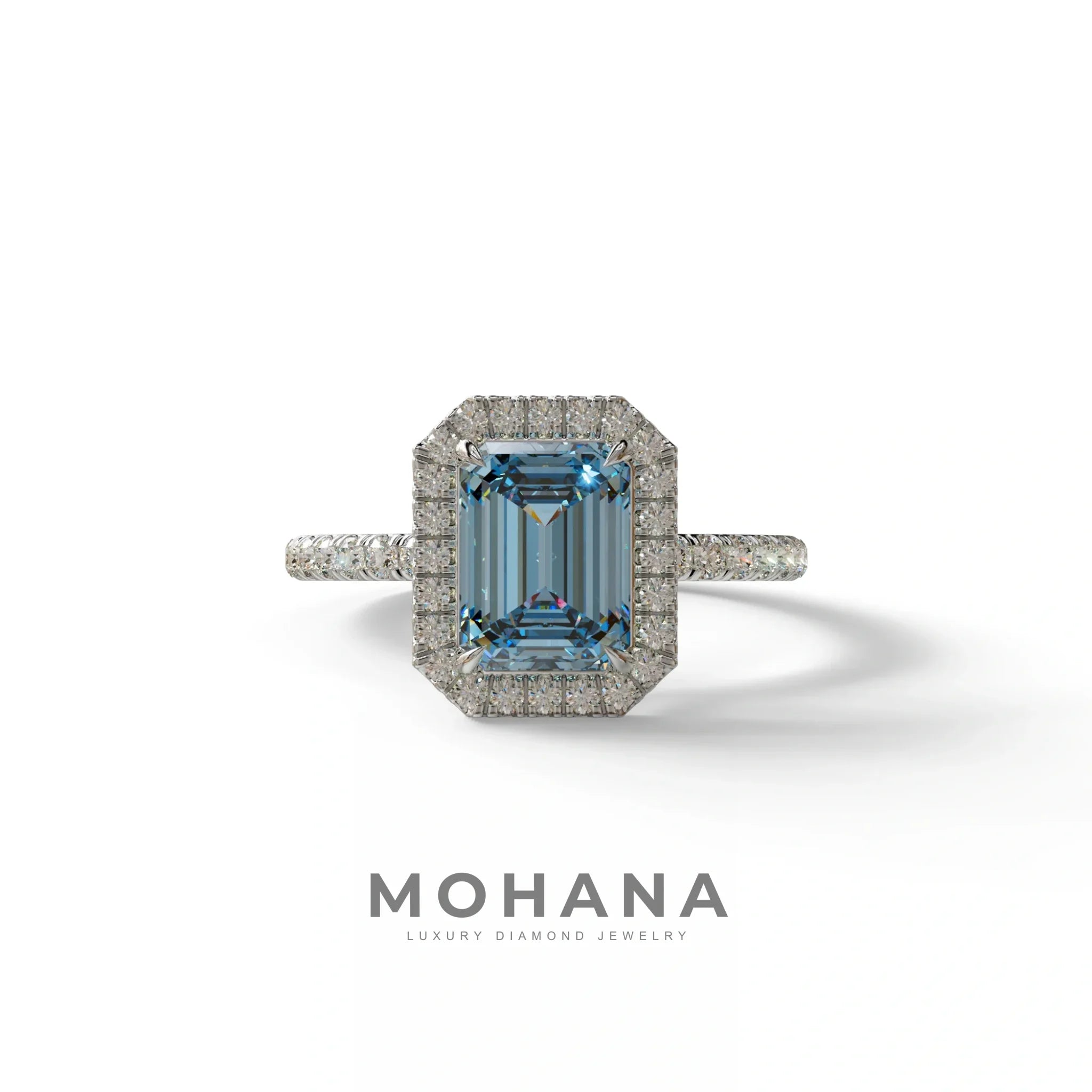 Blue Emerald Cut Halo & Pave Lab Grown Diamond Engagement Ring - Viola - 2 Carat / 10K Solid Gold / White Gold