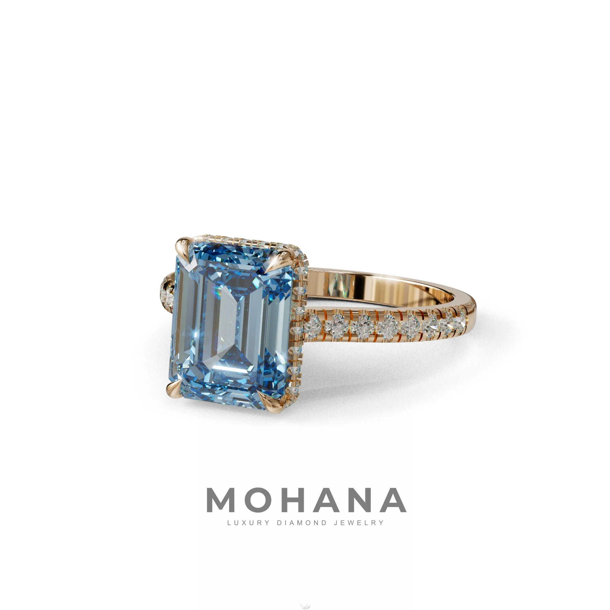 2.5 Ct Blue Emerald Cut Lab Diamond In Hidden Halo & Pave Setting Ring - Siena