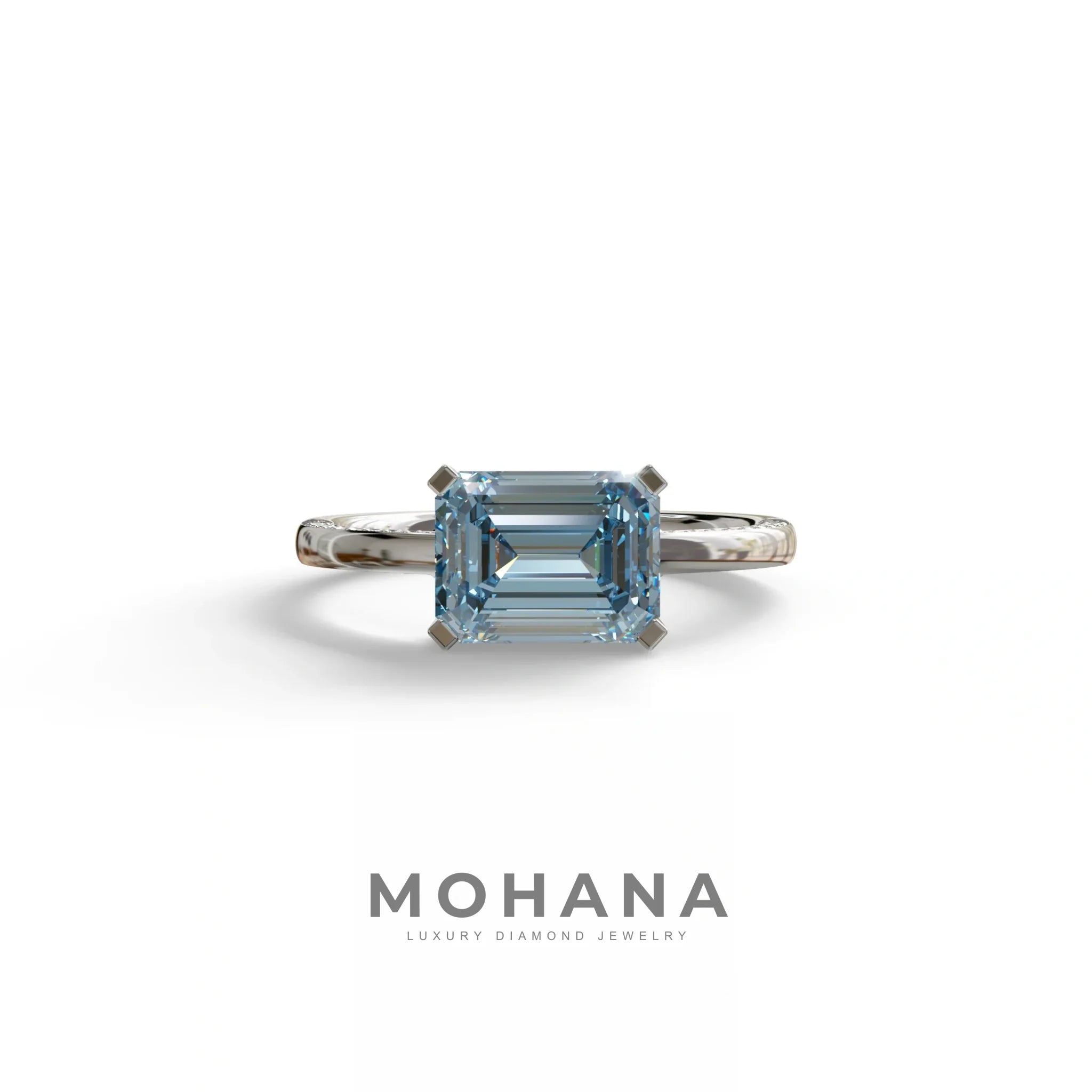 2.5 Ct Fancy Vivid Blue Emerald Cut Lab Diamond In Pave-Chanel Setting Ring - Qiqi - 10K Solid Gold / White Gold