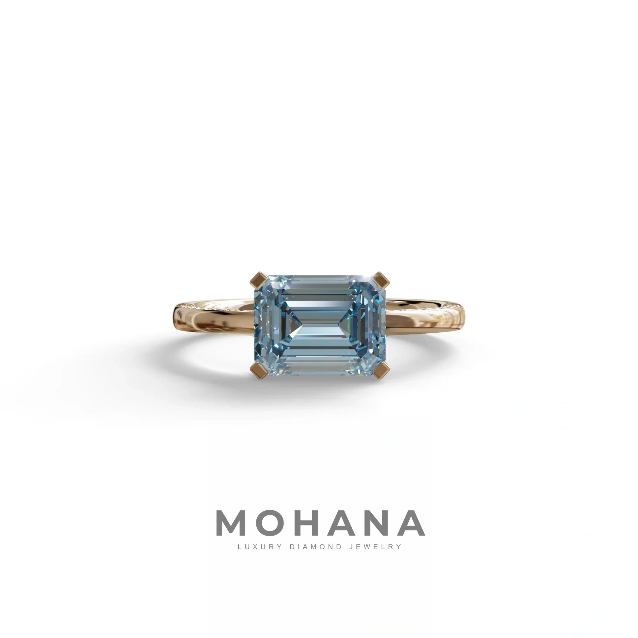 2.5 Ct Fancy Vivid Blue Emerald Cut Lab Diamond In Pave-Chanel Setting Ring - Qiqi - 10K Solid Gold / Rose Gold