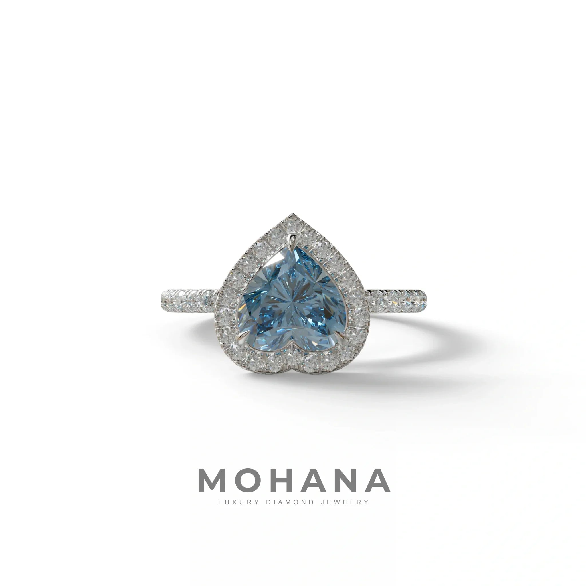 Blue Heart Cut Halo & Pavé Lab Grown Diamond Engagement Ring - Gelia - 2 Carat / 10K Solid Gold / White Gold