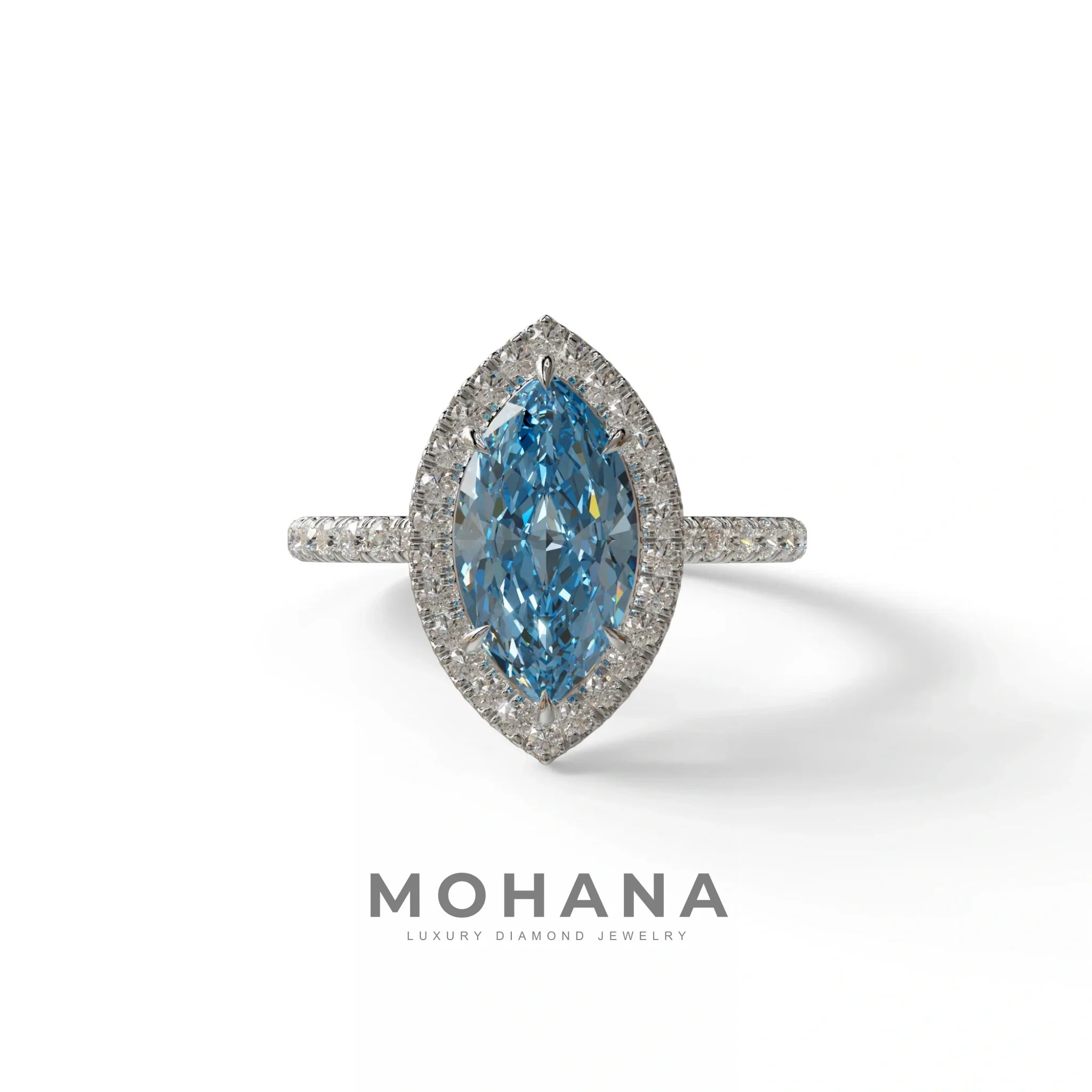 Blue Marquise Cut Halo & Pave Lab Grown Diamond Engagement Ring - Simplicity - 2 Carat / 10K Solid Gold / White Gold