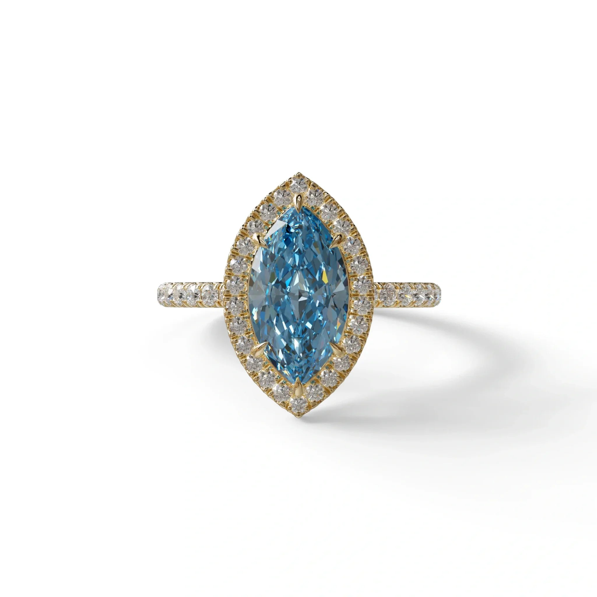 Blue Marquise Cut Halo & Pave Lab Grown Diamond Engagement Ring - Simplicity - 2 Carat / 10K Solid Gold / Yellow Gold