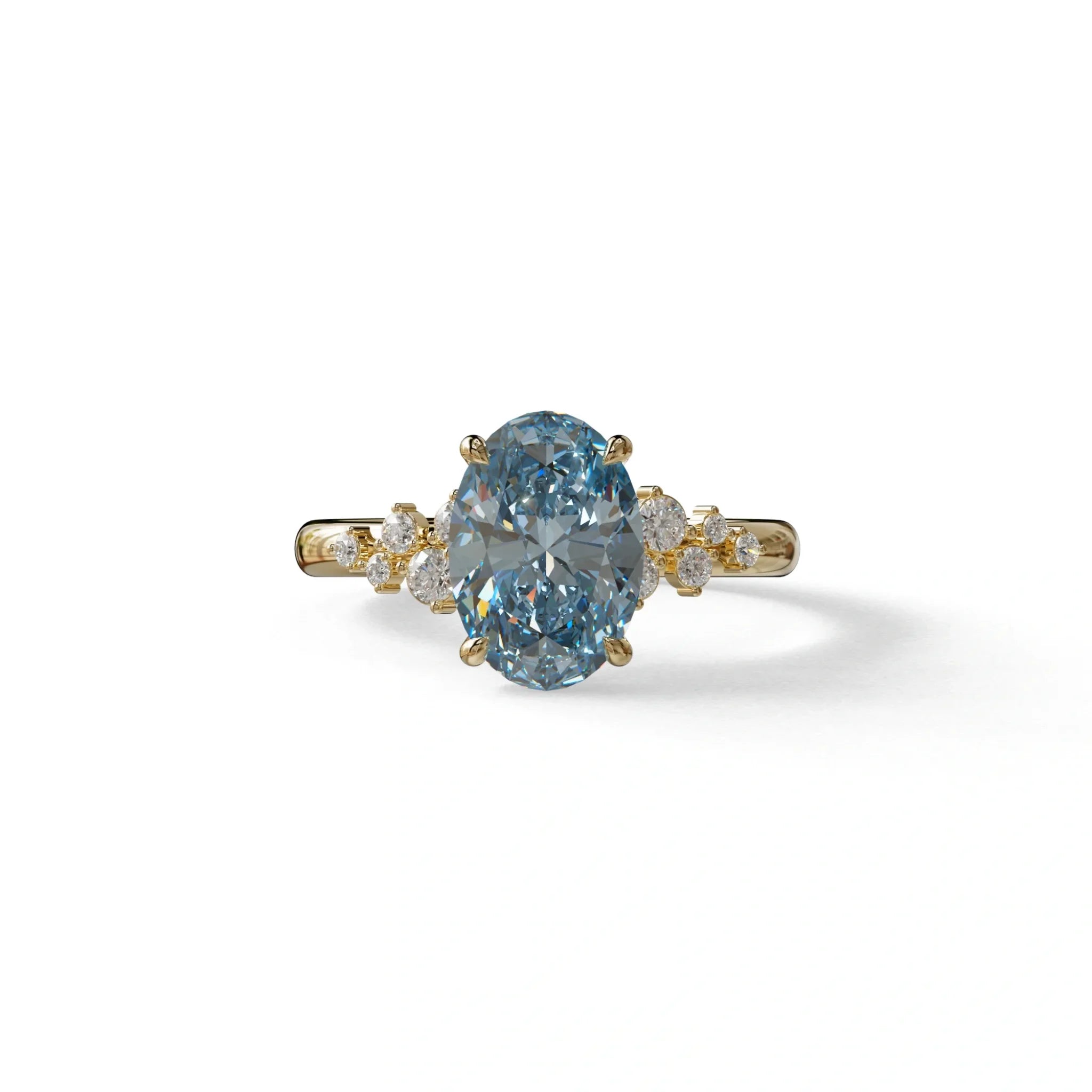 Blue Oval Cut Cluster-Vintage Setting Lab Grown Diamond Ring - Celeste Arc - 2 Carat / 10K Solid Gold / Yellow Gold