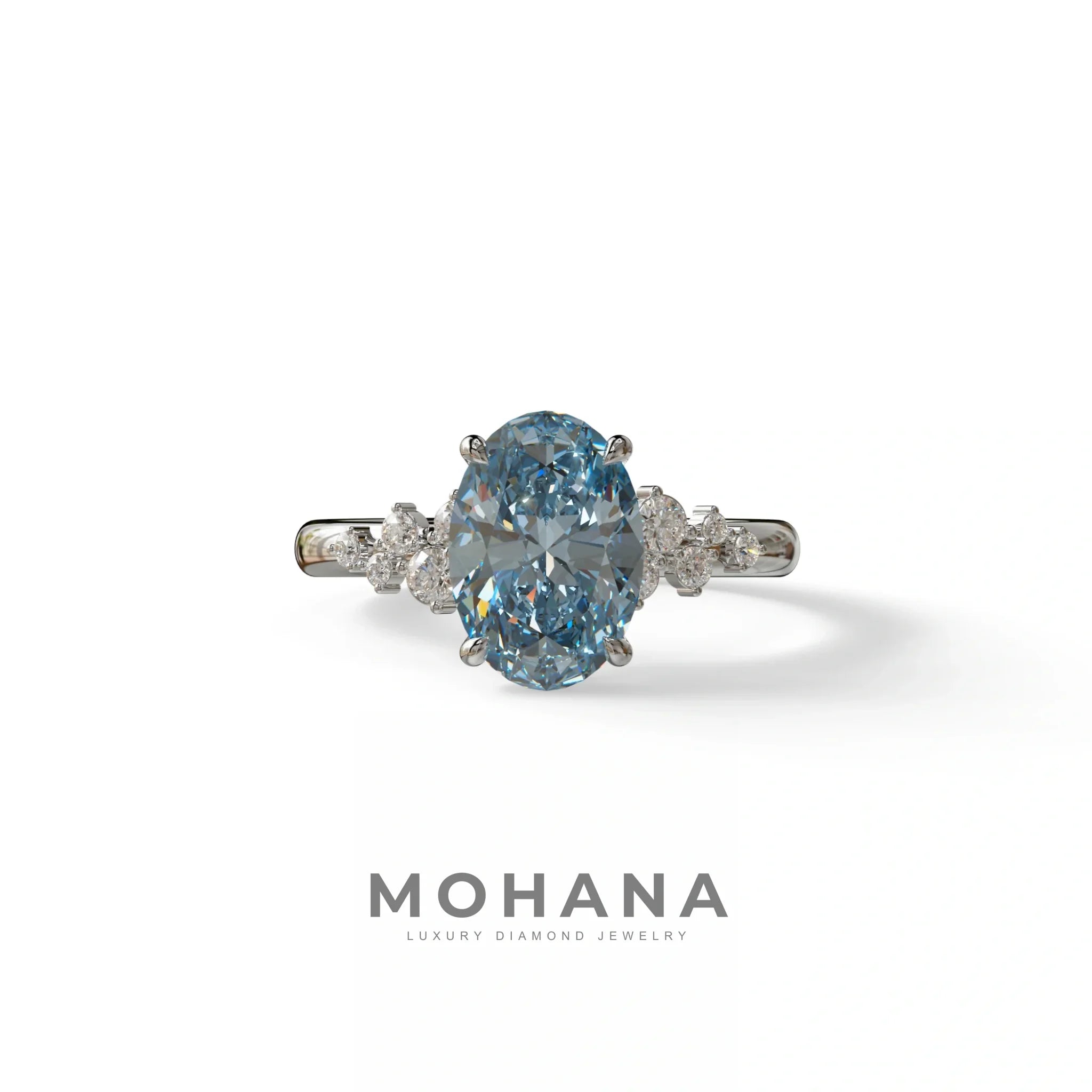 Blue Oval Cut Cluster-Vintage Setting Lab Grown Diamond Ring - Celeste Arc - 2 Carat / 10K Solid Gold / White Gold