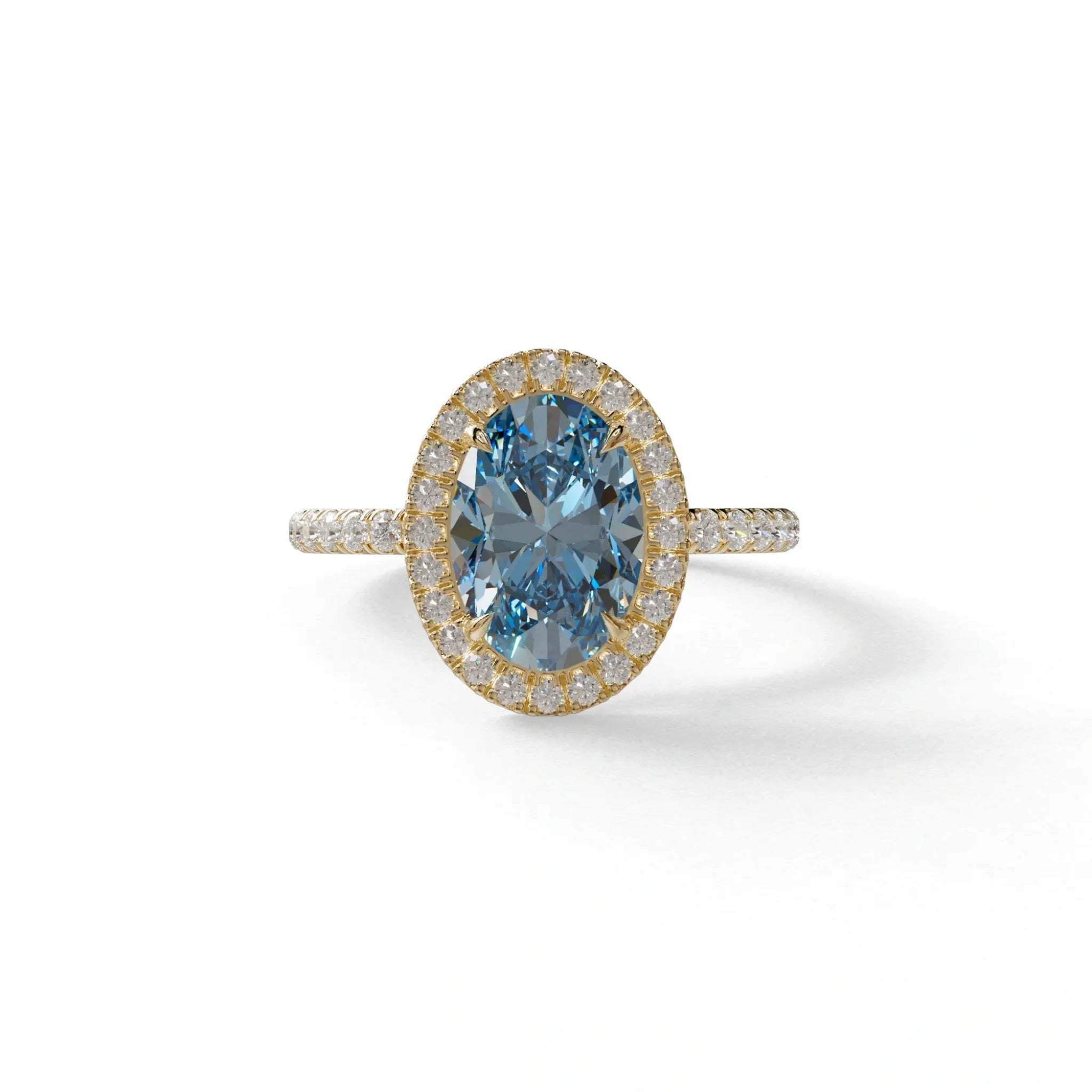 Blue Oval Cut Halo & Pave Lab Grown Diamond Engagement Ring - AnnaBella - 2 Carat / 10K Solid Gold / Yellow Gold