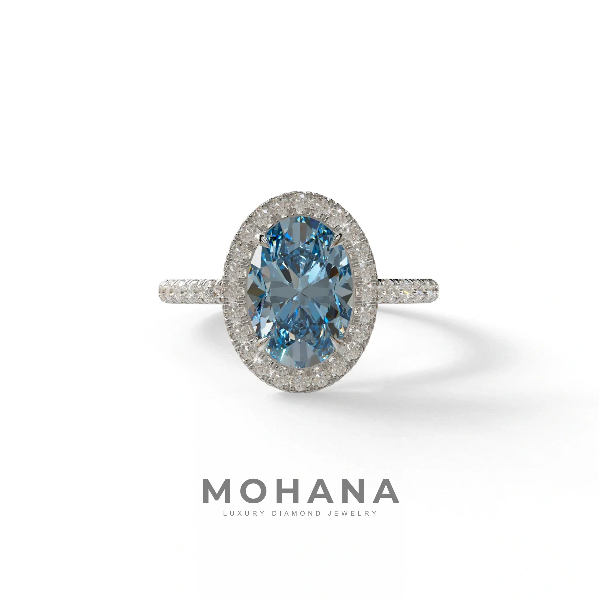 Blue Oval Cut Halo & Pave Lab Grown Diamond Engagement Ring - AnnaBella - 2 Carat / 10K Solid Gold / White Gold
