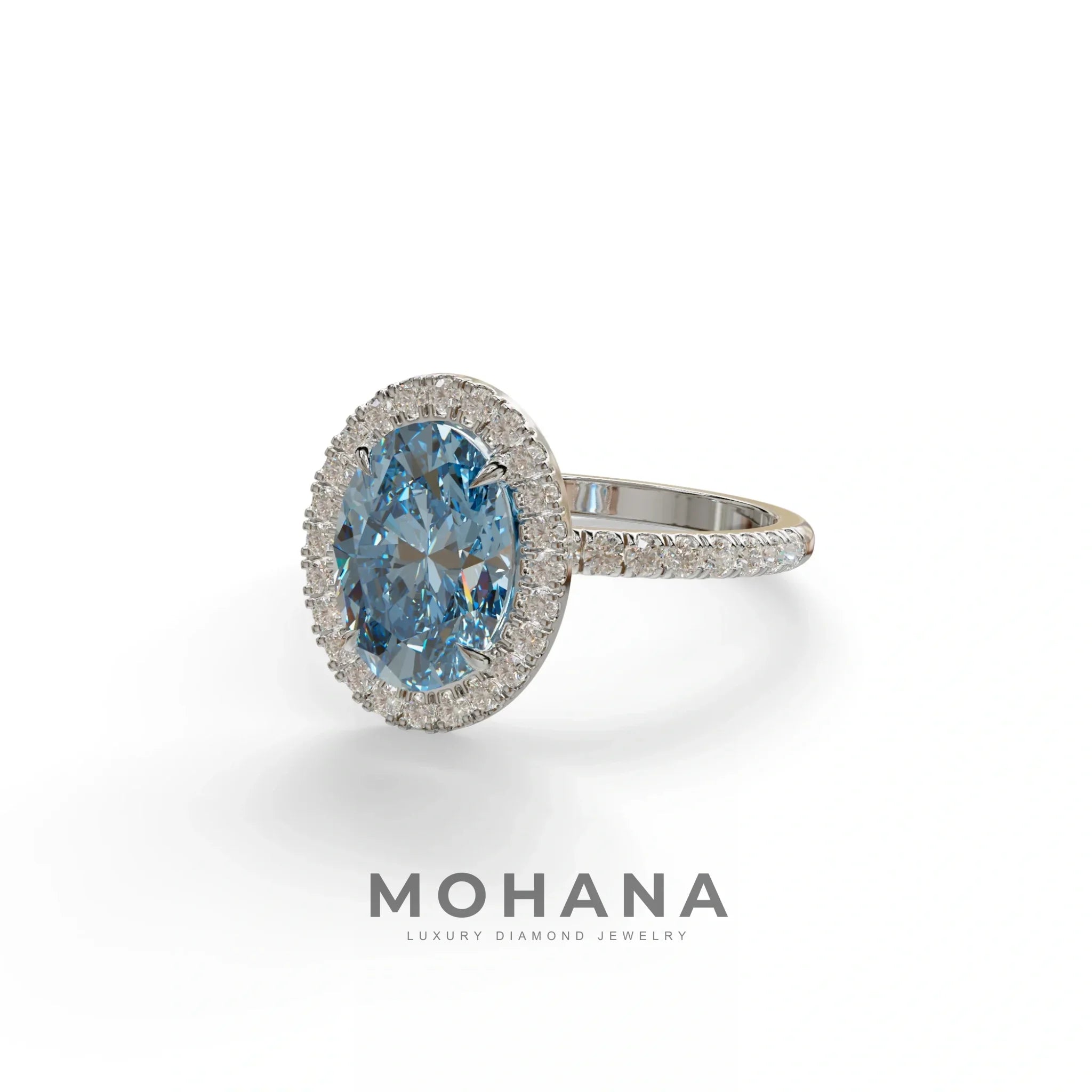 Blue Oval Cut Halo & Pave Lab Grown Diamond Engagement Ring - AnnaBella