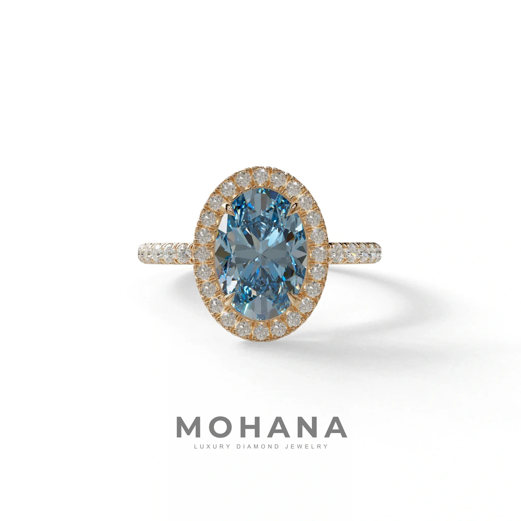 Blue Oval Cut Halo & Pave Lab Grown Diamond Engagement Ring - AnnaBella - 2 Carat / 10K Solid Gold / Rose Gold