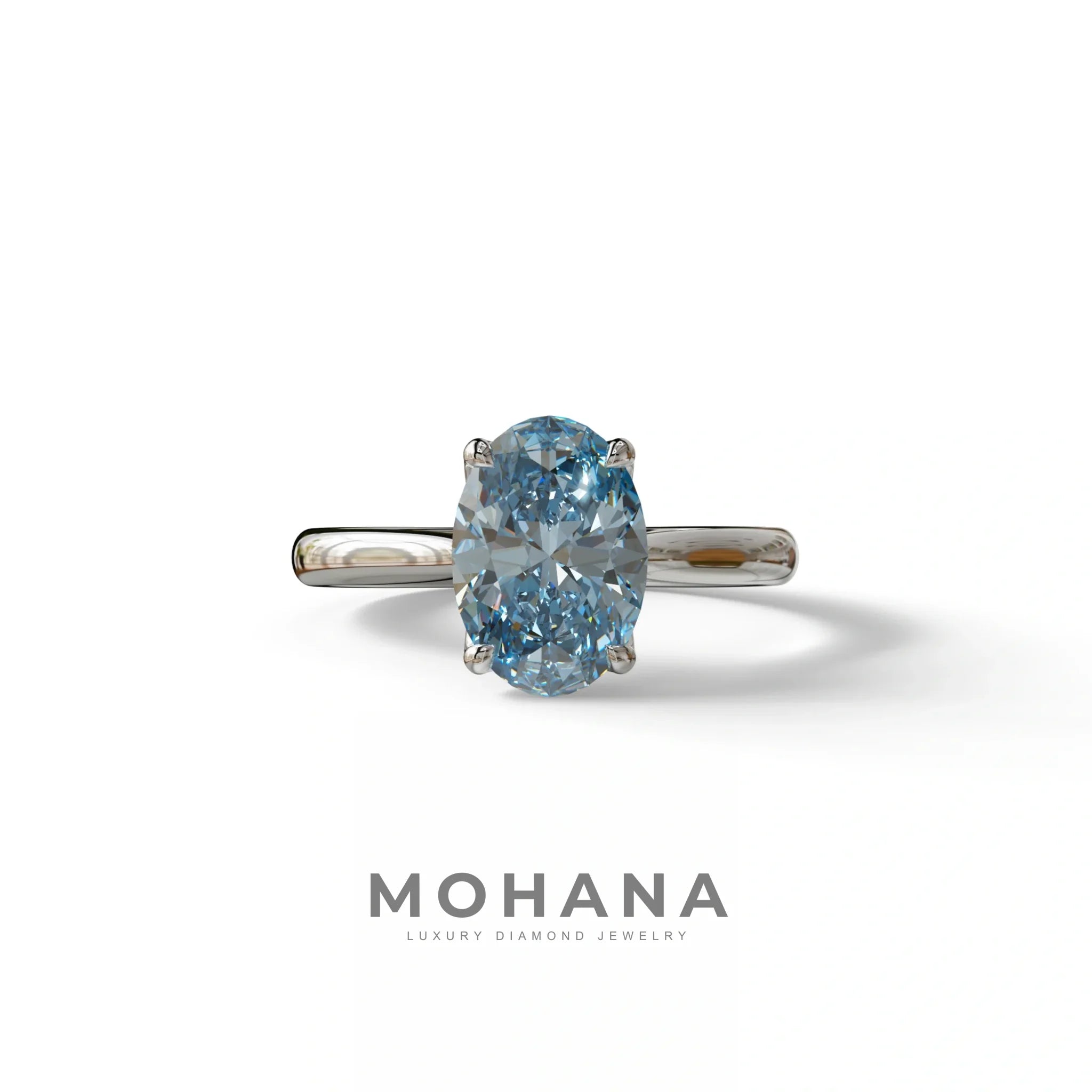Blue Oval Cut Hidden Diamond Solitaire Lab Grown Diamond Ring - Secrecy - 2 Carat / 10K Solid Gold / White Gold