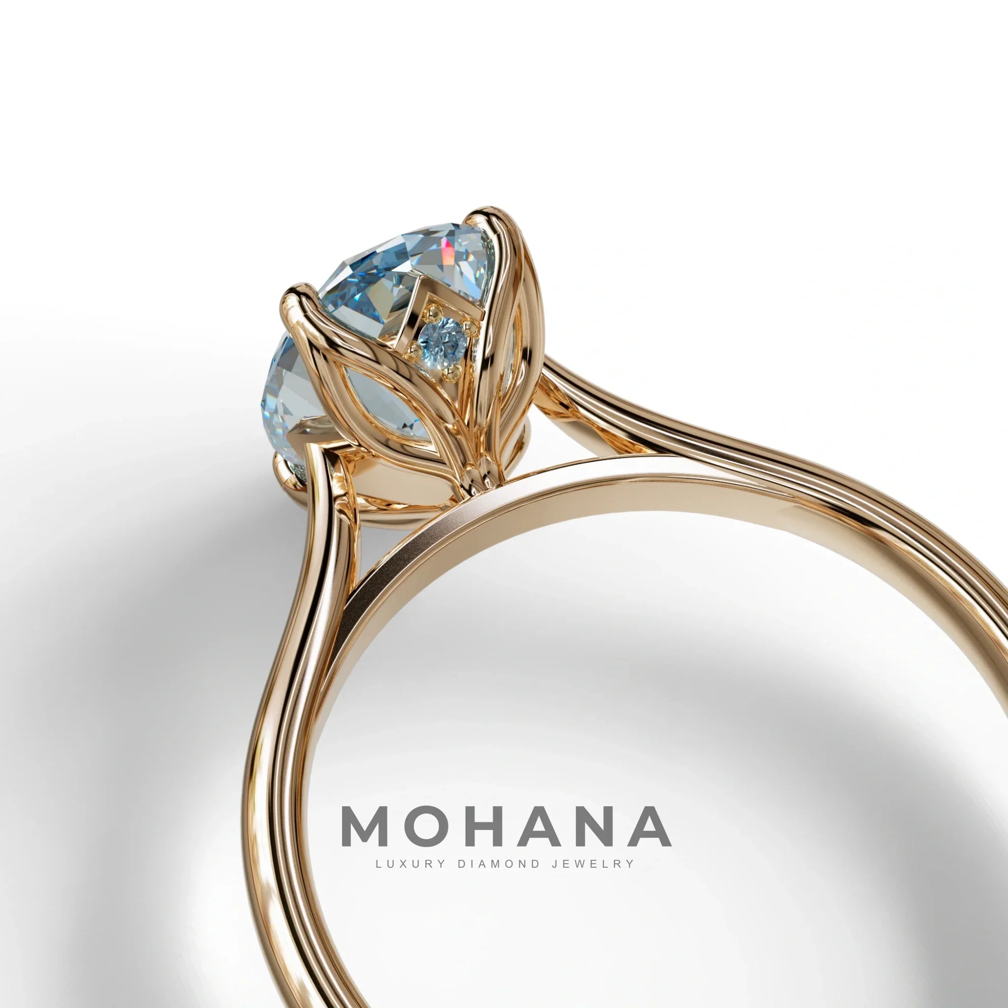 Blue Oval Cut Hidden Diamond Solitaire Lab Grown Diamond Ring - Secrecy