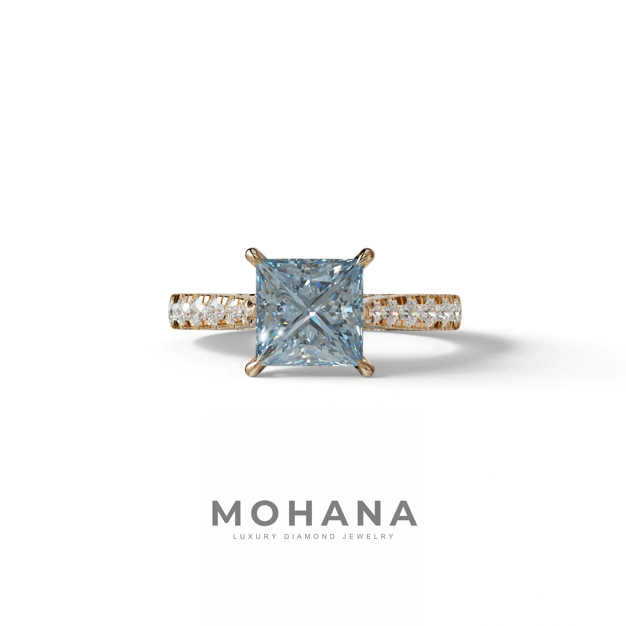 2.5 Carat Blue Princess Cut Hidden Halo & Pave Lab Diamond Ring - Aries - 10K Solid Gold / Rose Gold