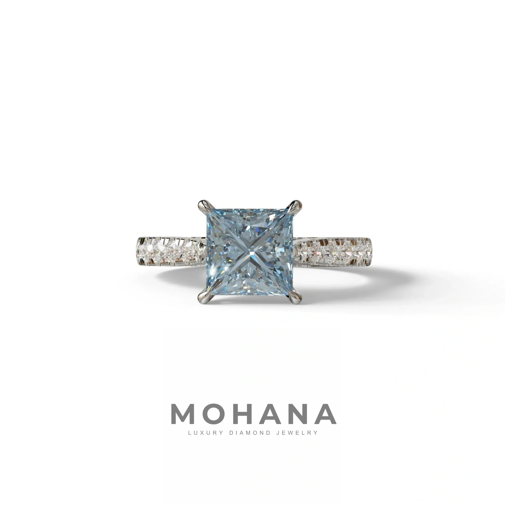 2.5 Carat Blue Princess Cut Hidden Halo & Pave Lab Diamond Ring - Aries - 10K Solid Gold / White Gold