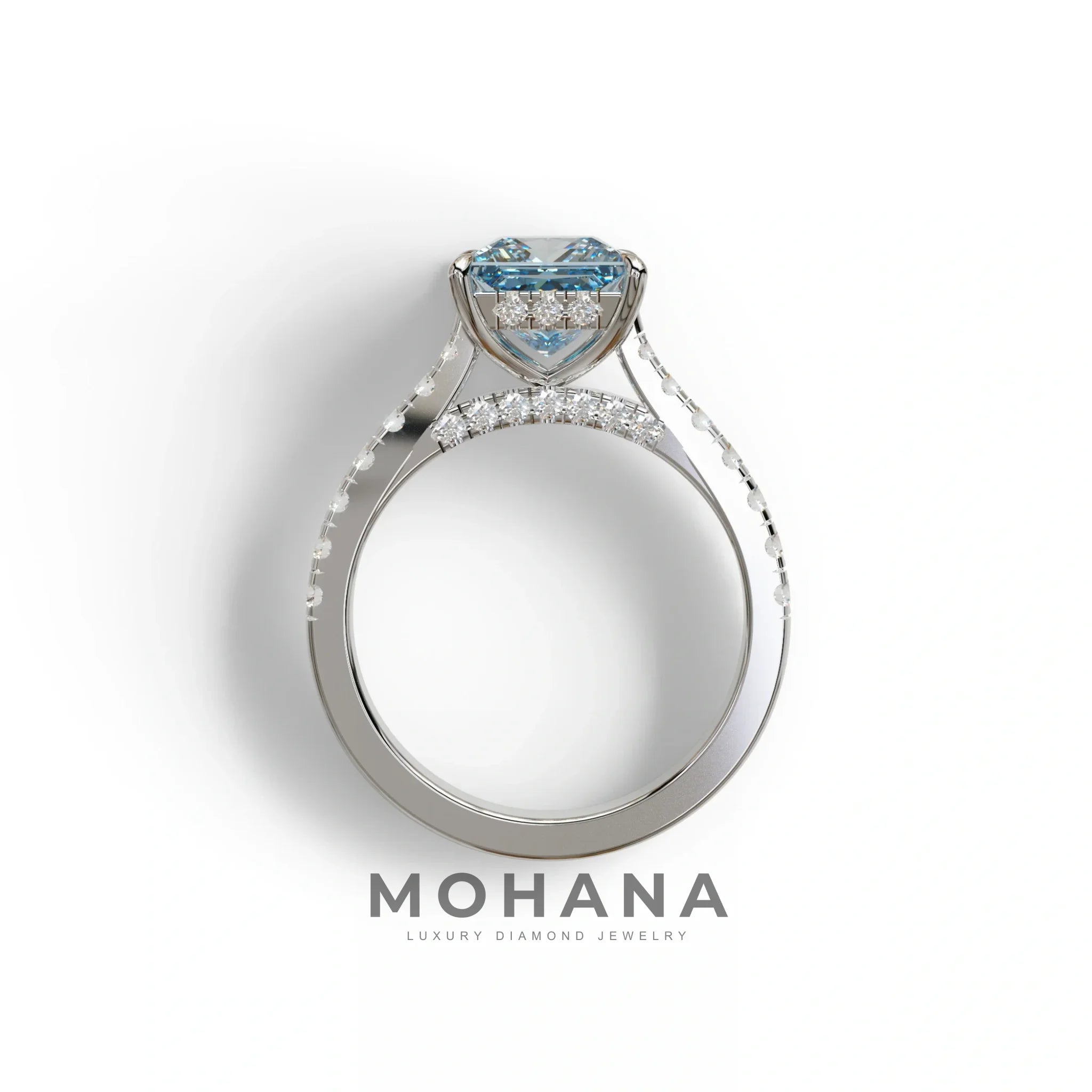2.5 Carat Blue Princess Cut Hidden Halo & Pave Lab Diamond Ring - Aries