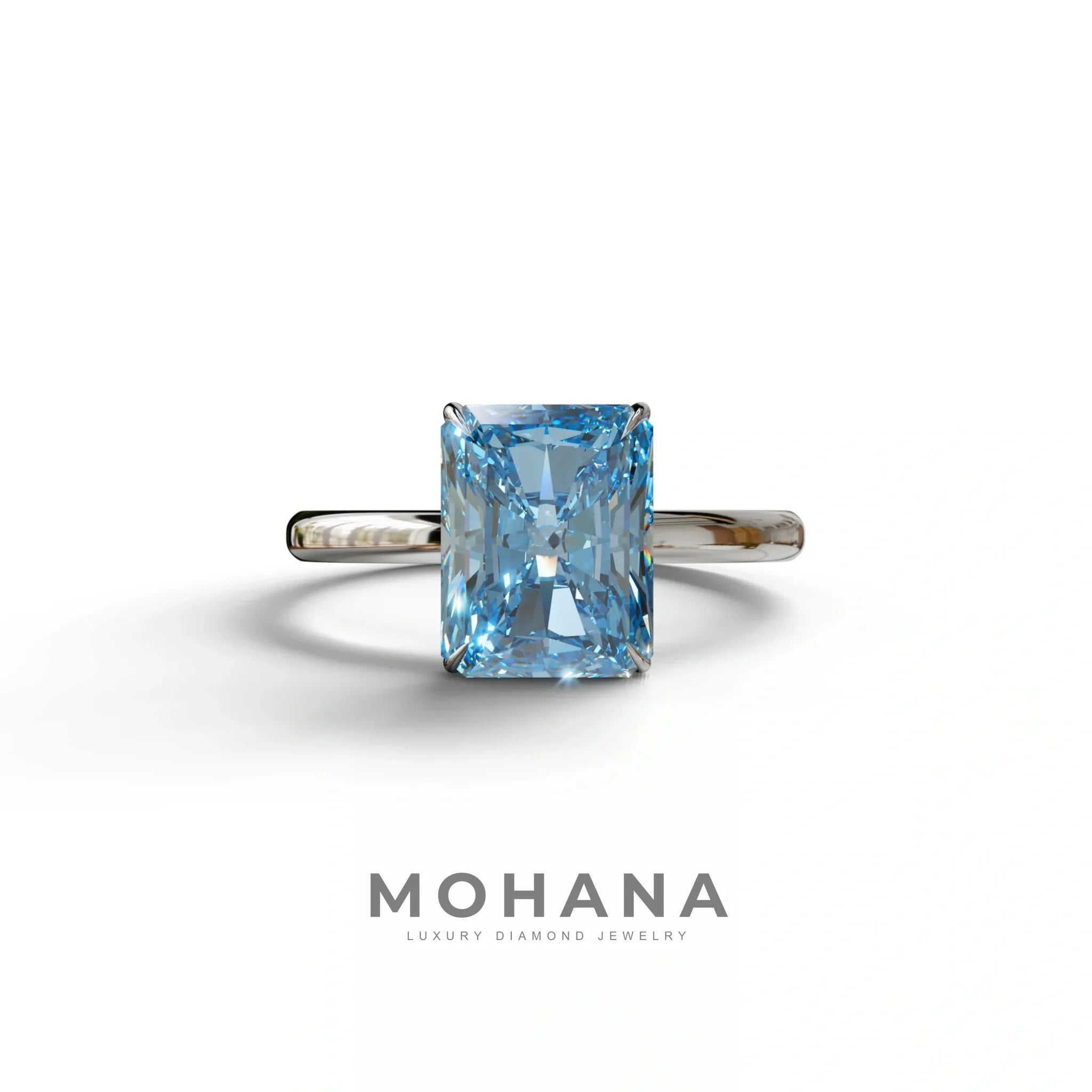 Fancy Blue Radiant Cut Solitaire Lab Grown Diamond Engagement Ring - Papilia - 2 Carat / 10K Solid Gold / White Gold