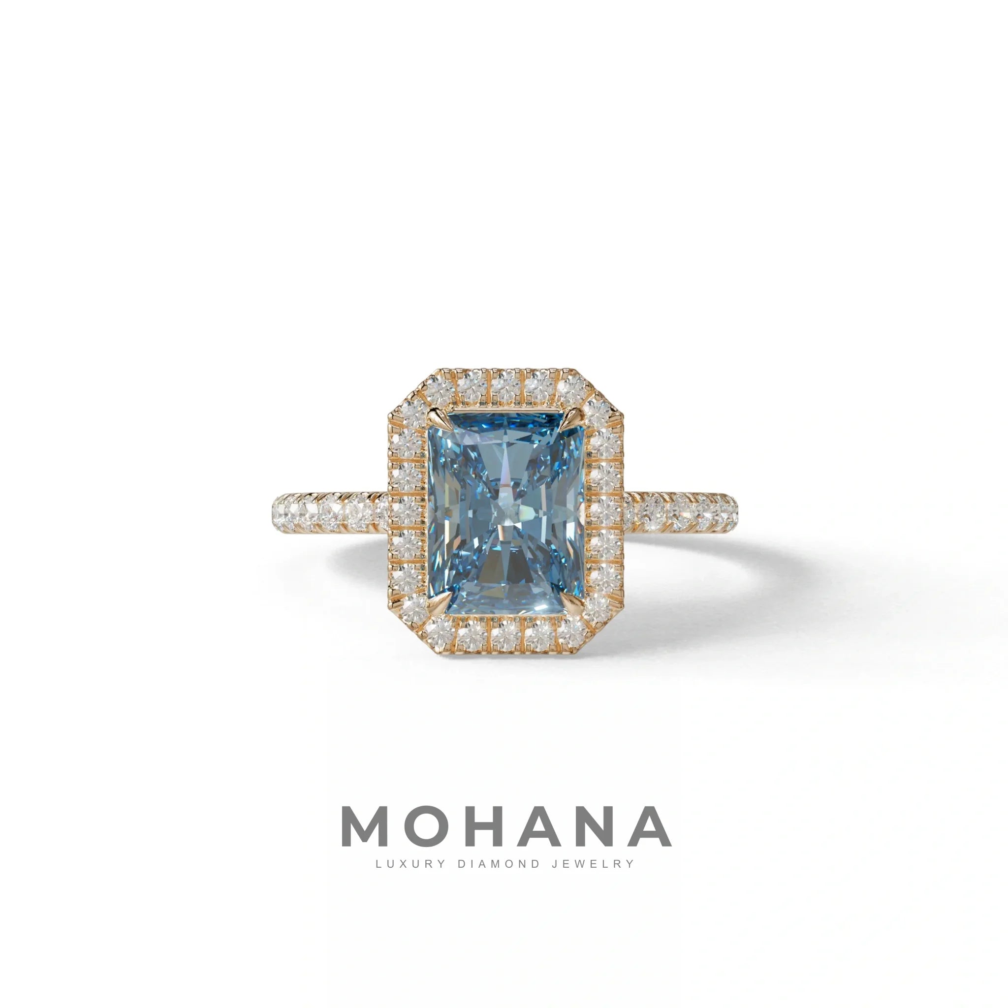 Blue Radiant Cut Halo & Pave Lab Grown Diamond Engagement Ring - Madison - 2 Carat / 10K Solid Gold / Rose Gold
