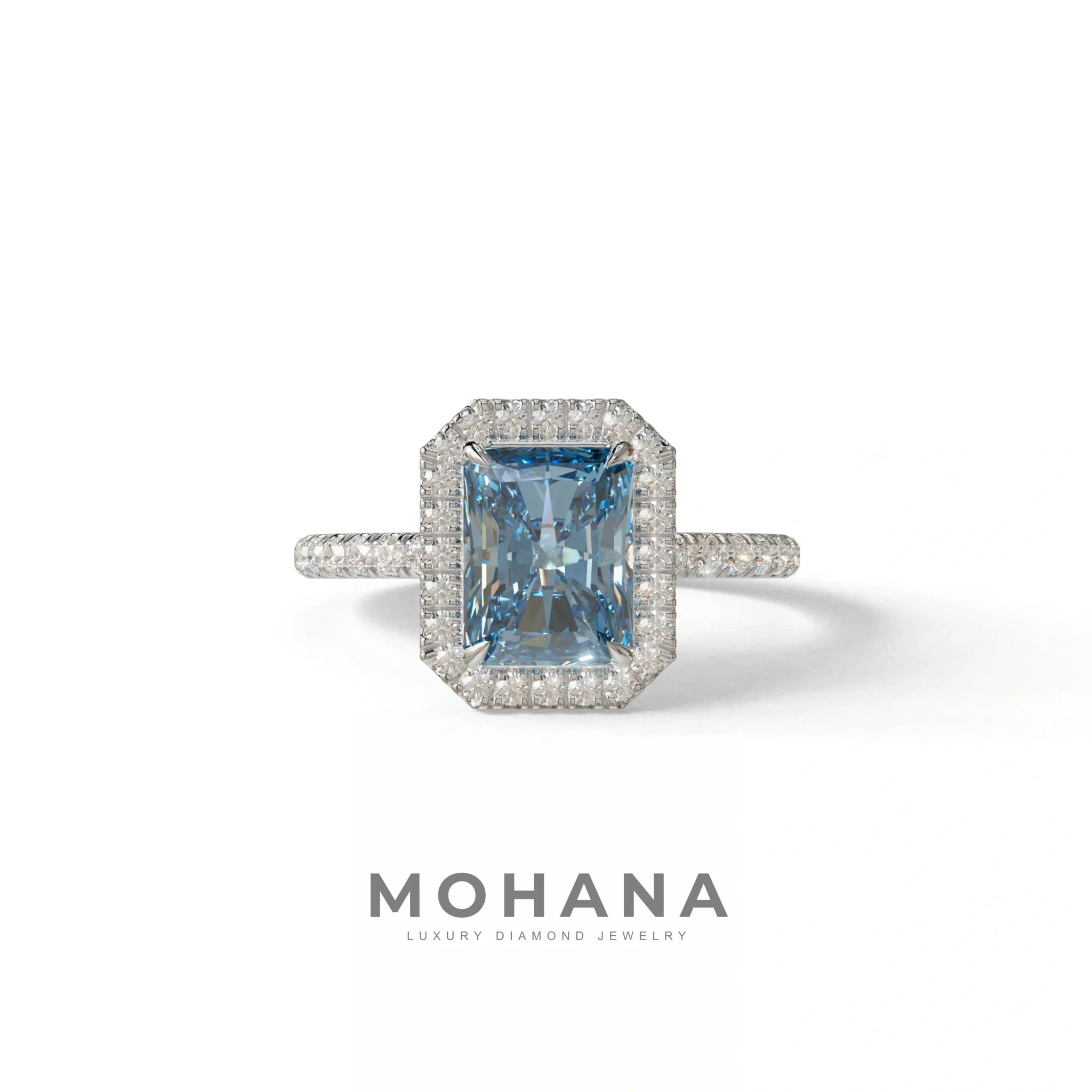 Blue Radiant Cut Halo & Pave Lab Grown Diamond Engagement Ring - Madison - 2 Carat / 10K Solid Gold / White Gold