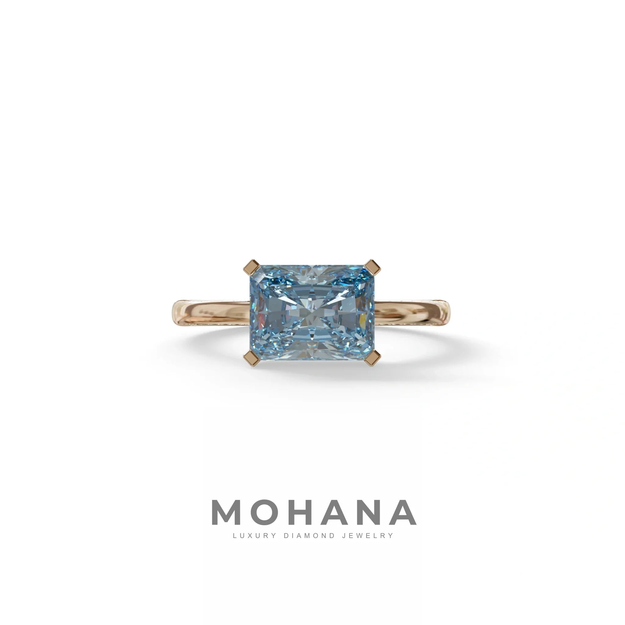 2.5 Ct Blue Radiant Cut Lab Grown Diamond In Pave-Chanel Setting Ring - Maxine - 10K Solid Gold / Rose Gold