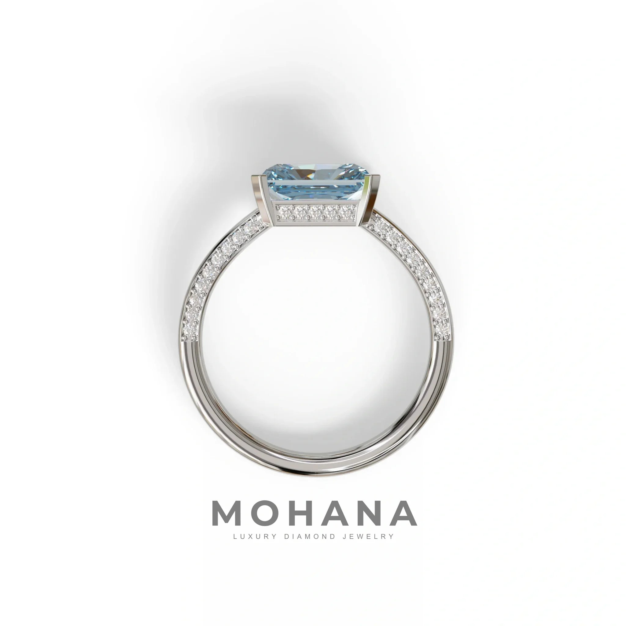 2.5 Ct Blue Radiant Cut Lab Grown Diamond In Pave-Chanel Setting Ring - Maxine