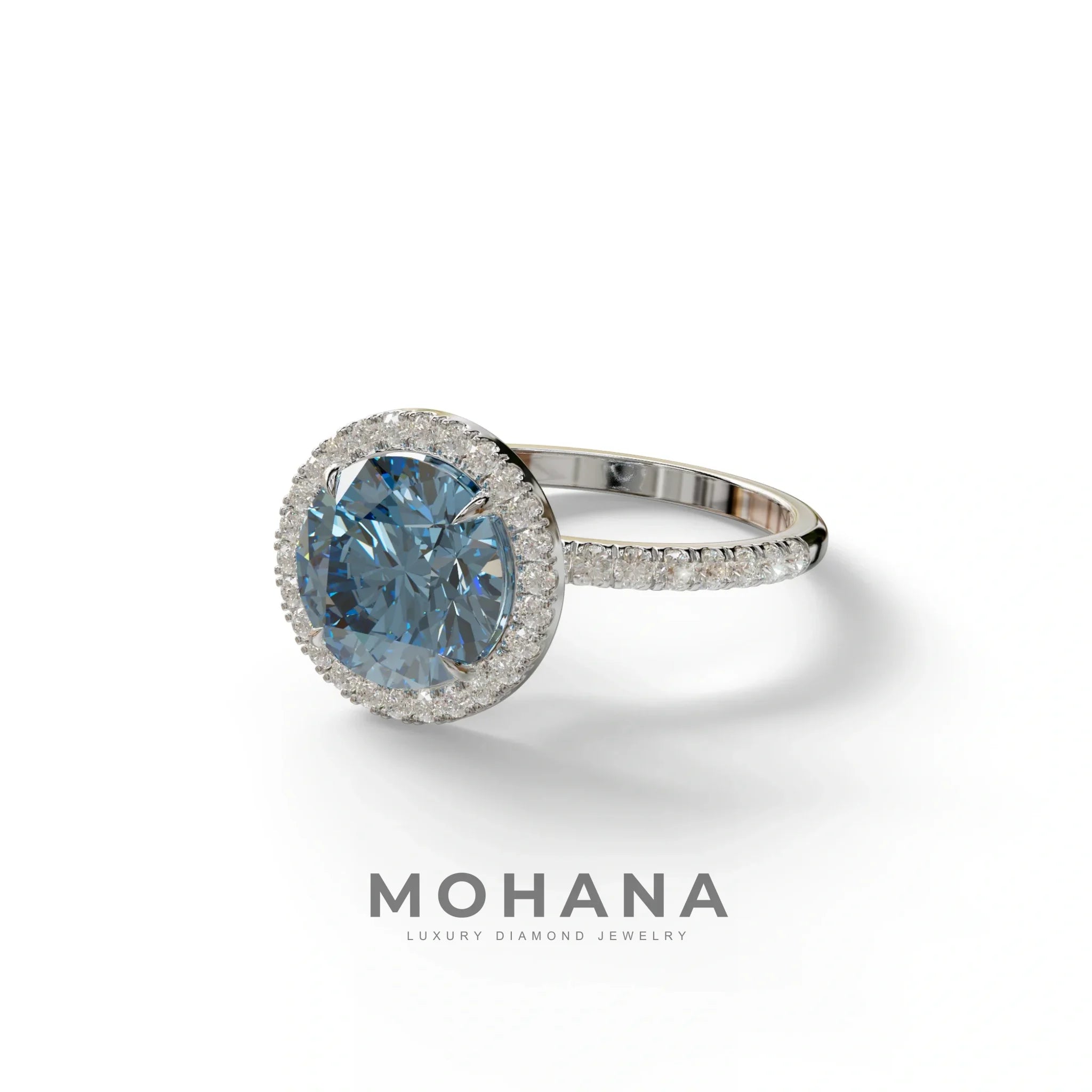 Fancy Blue Round Cut Halo & Pave Lab Grown Diamond Engagement Ring - Flutura