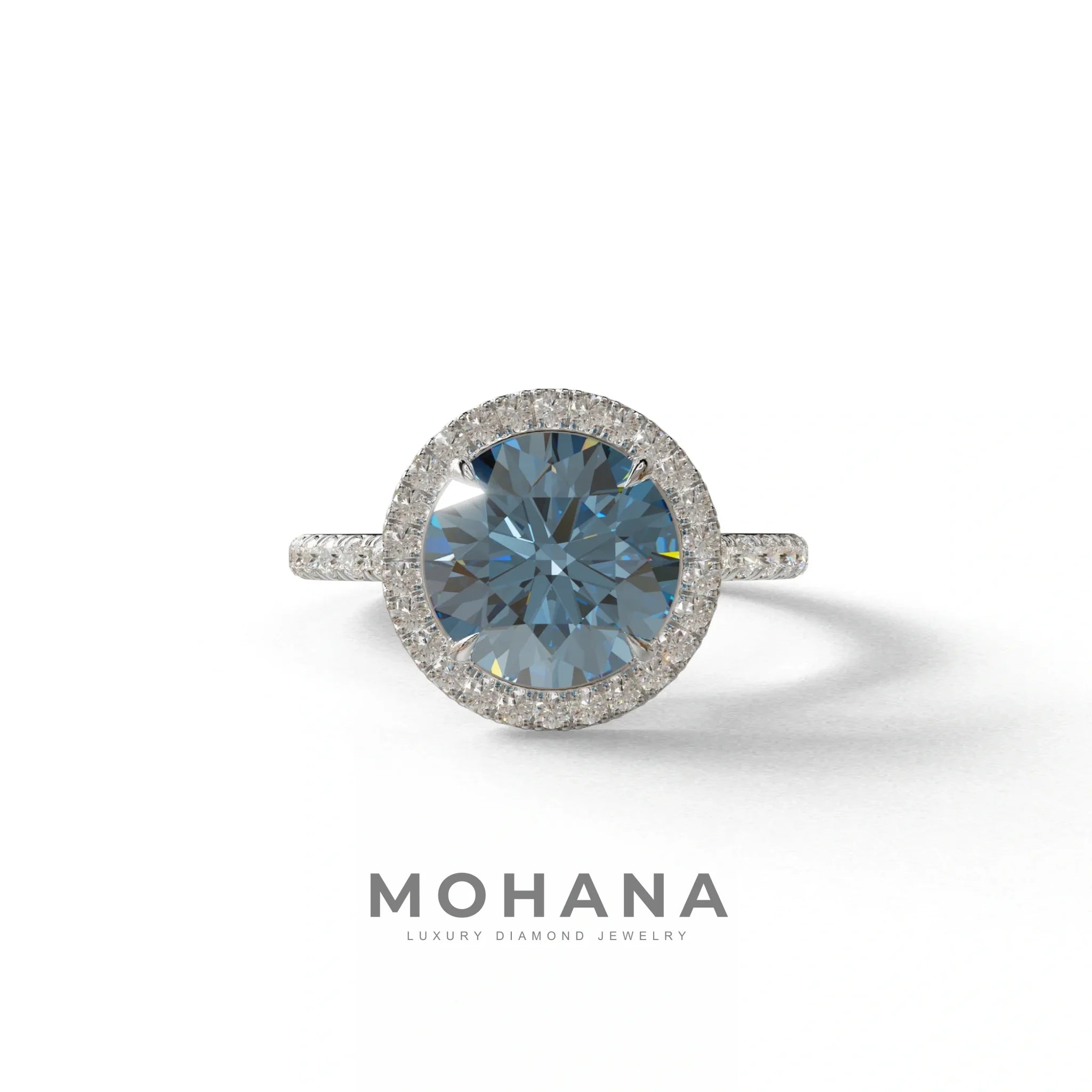 Fancy Blue Round Cut Halo & Pave Lab Grown Diamond Engagement Ring - Flutura - 2 Carat / 10K Solid Gold / White Gold