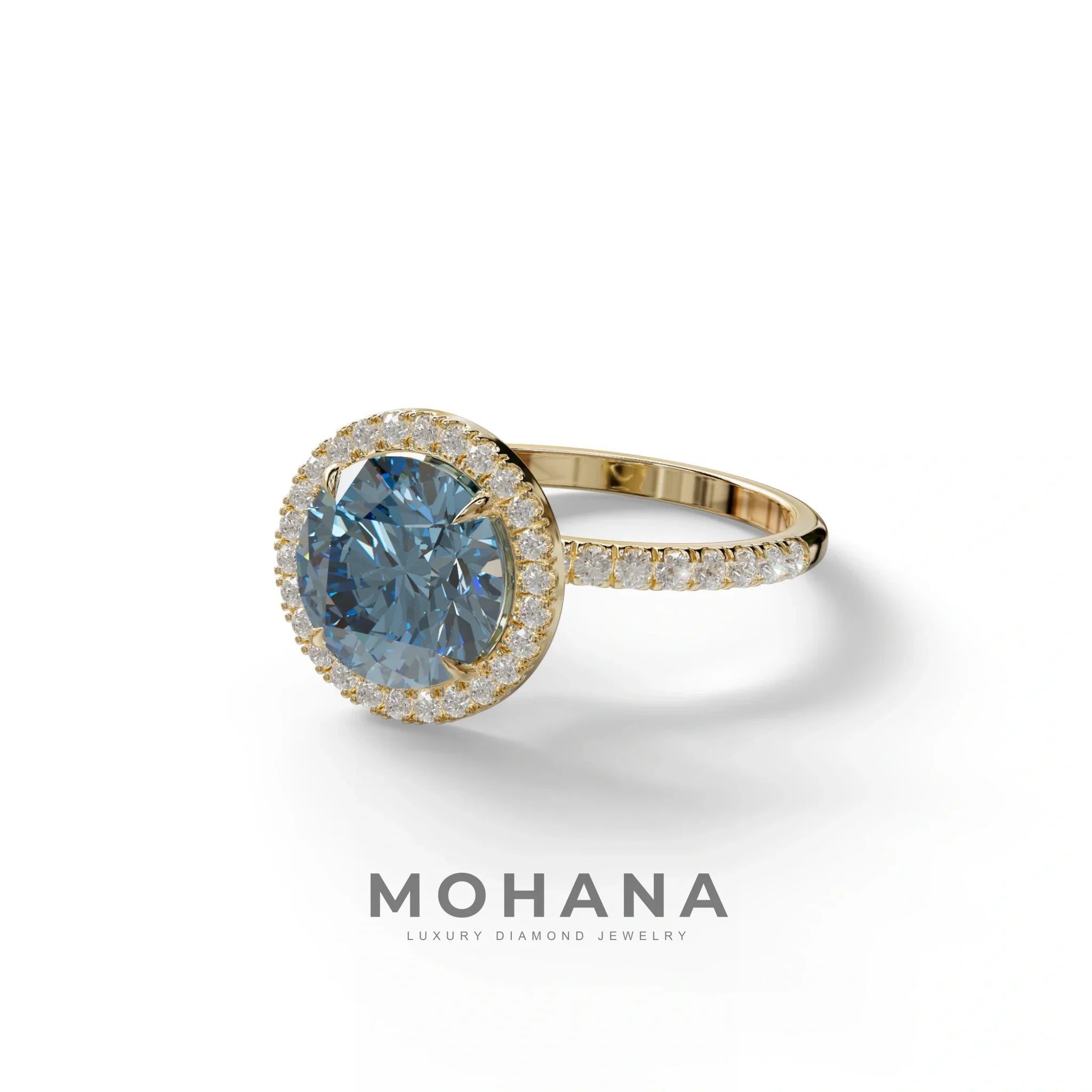 Fancy Blue Round Cut Halo & Pave Lab Grown Diamond Engagement Ring - Flutura