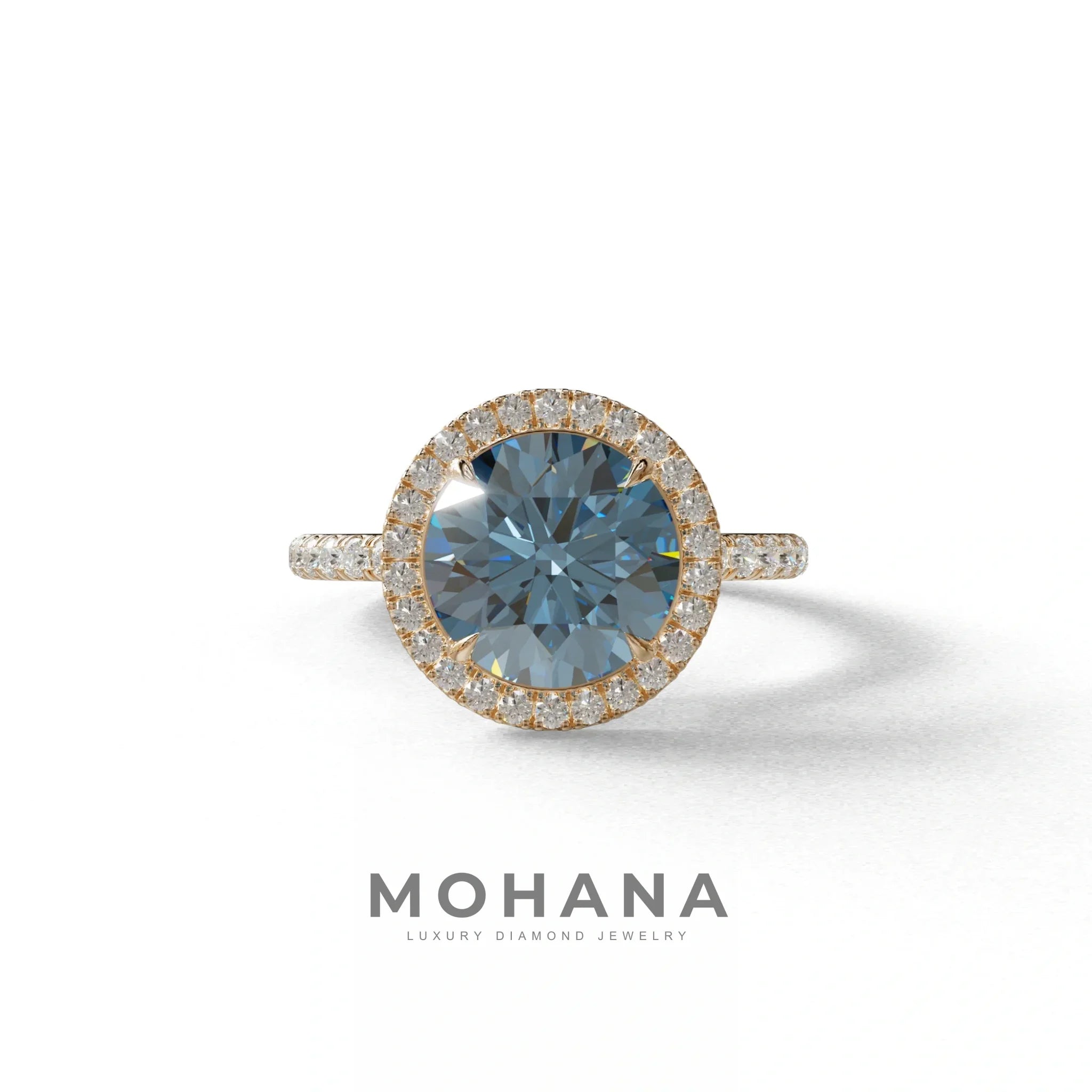 Fancy Blue Round Cut Halo & Pave Lab Grown Diamond Engagement Ring - Flutura - 2 Carat / 10K Solid Gold / Rose Gold