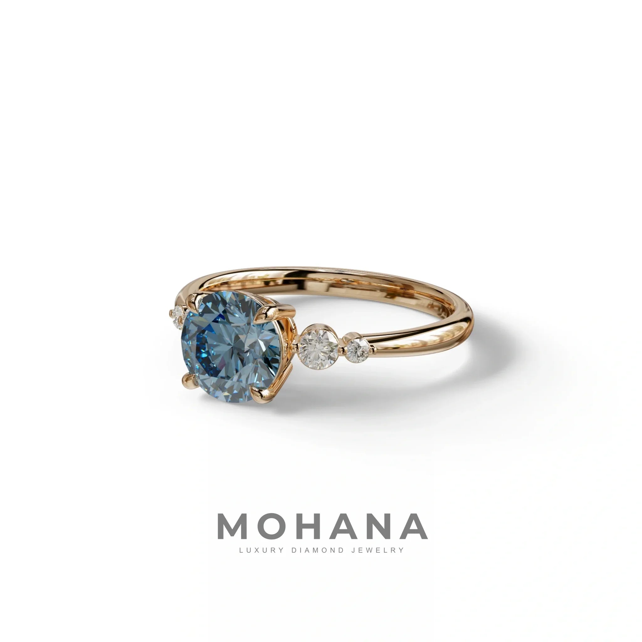 Blue Round Three Stone Lab Grown Diamond Engagement Ring - Romance
