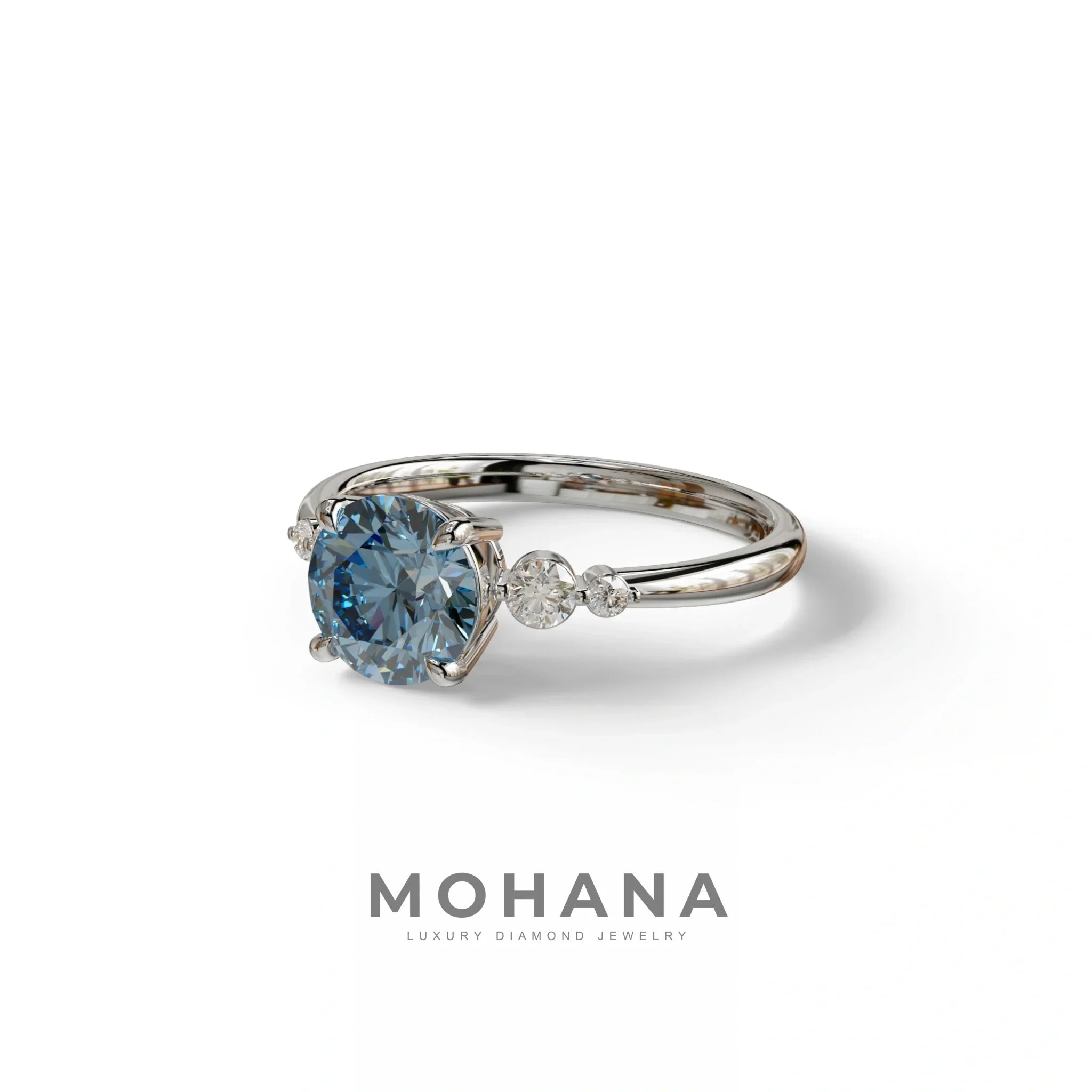 Blue Round Three Stone Lab Grown Diamond Engagement Ring - Romance