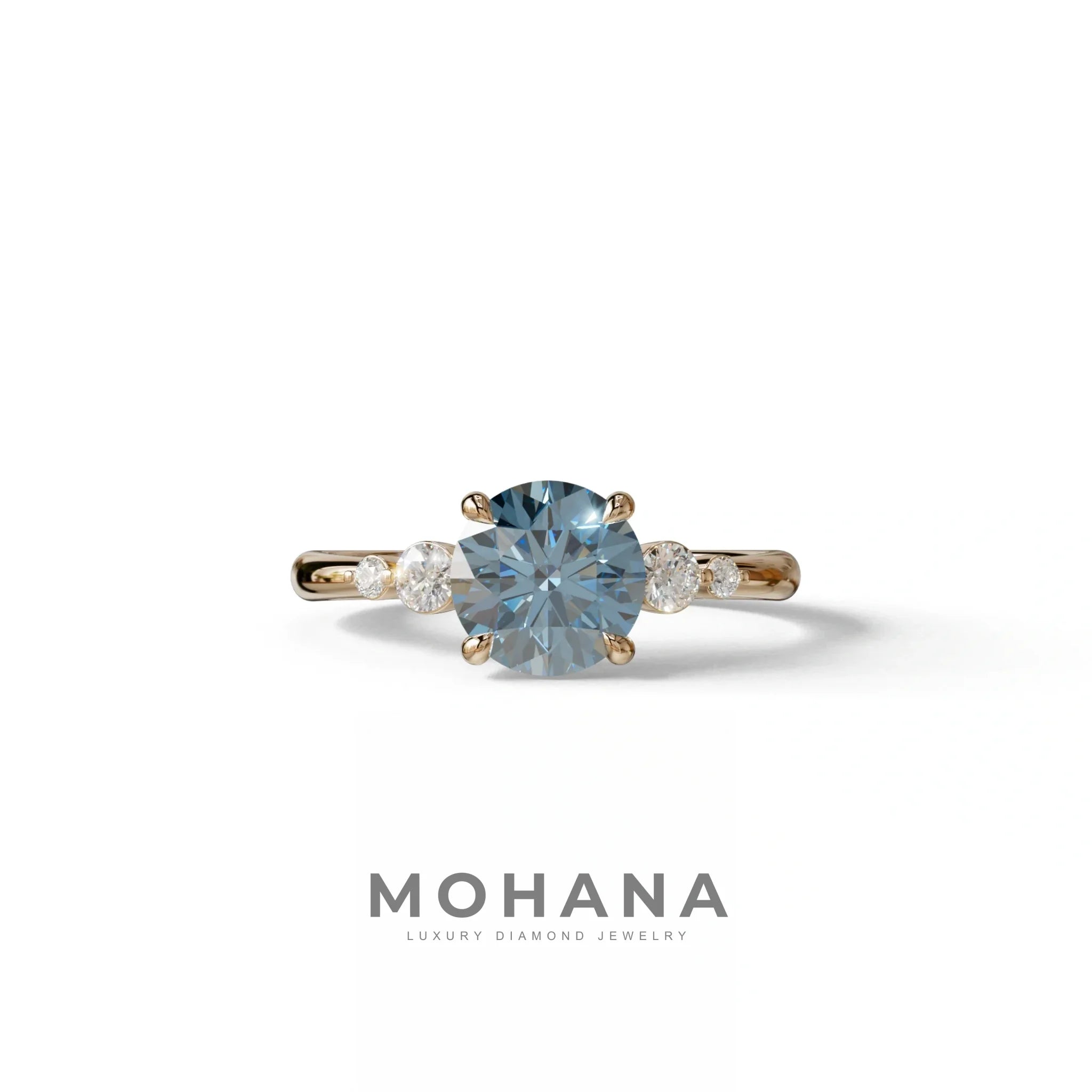 Blue Round Three Stone Lab Grown Diamond Engagement Ring - Romance - 2 Carat / 10K Solid Gold / Rose Gold