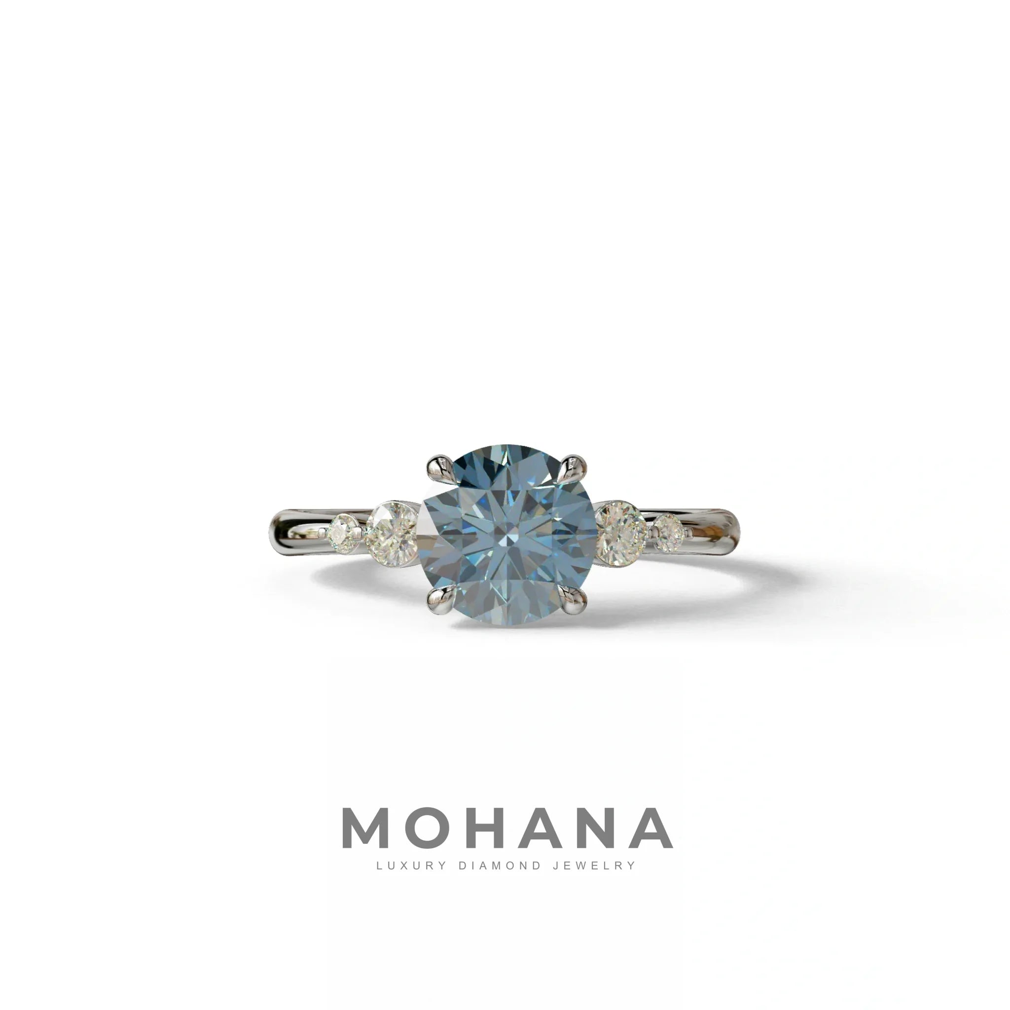 Blue Round Three Stone Lab Grown Diamond Engagement Ring - Romance - 2 Carat / 10K Solid Gold / White Gold
