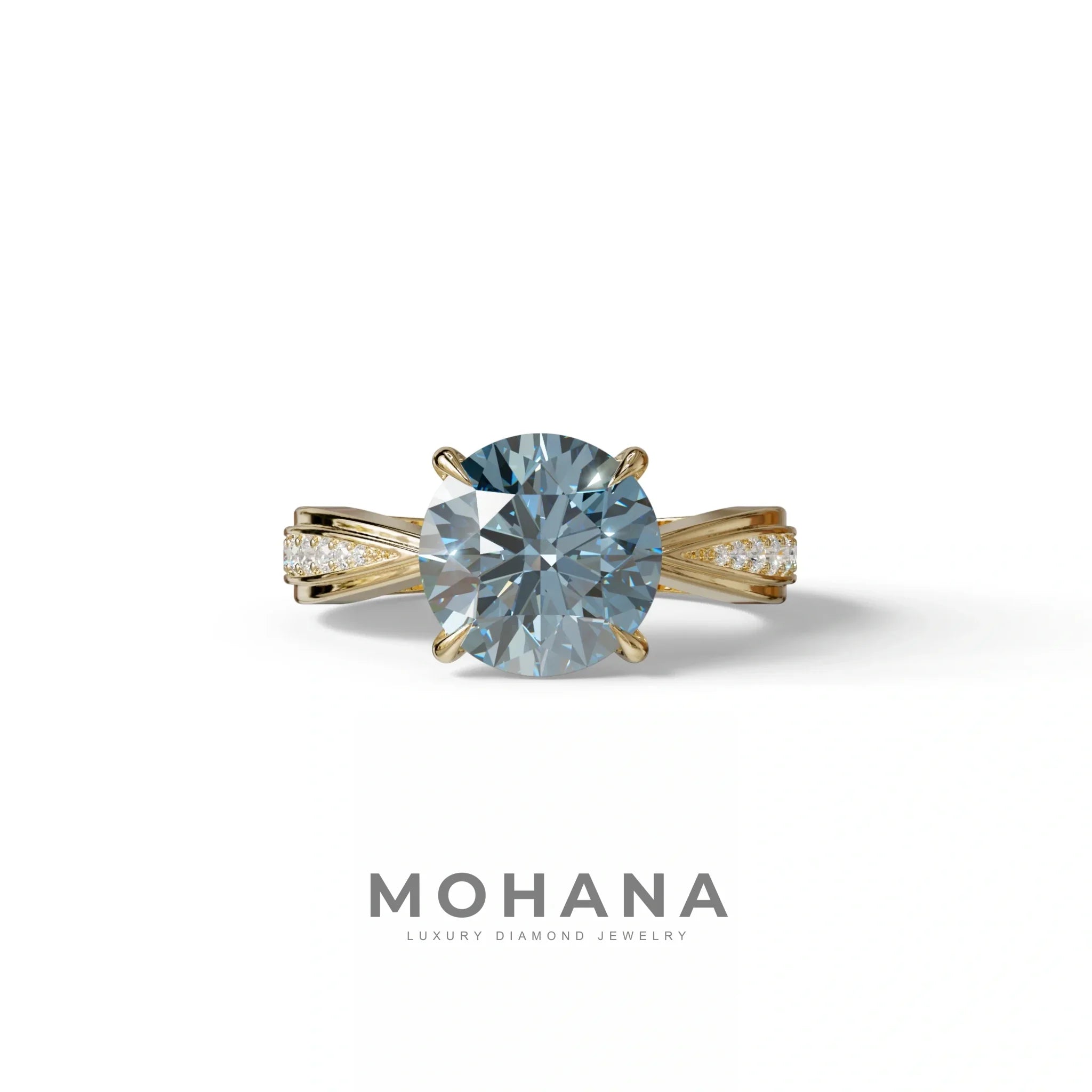 2.5 Carat Blue Round Shaped Lab Diamond Ring V-Shank Pave Setting -Je t’adore - 10K Solid Gold / Yellow Gold